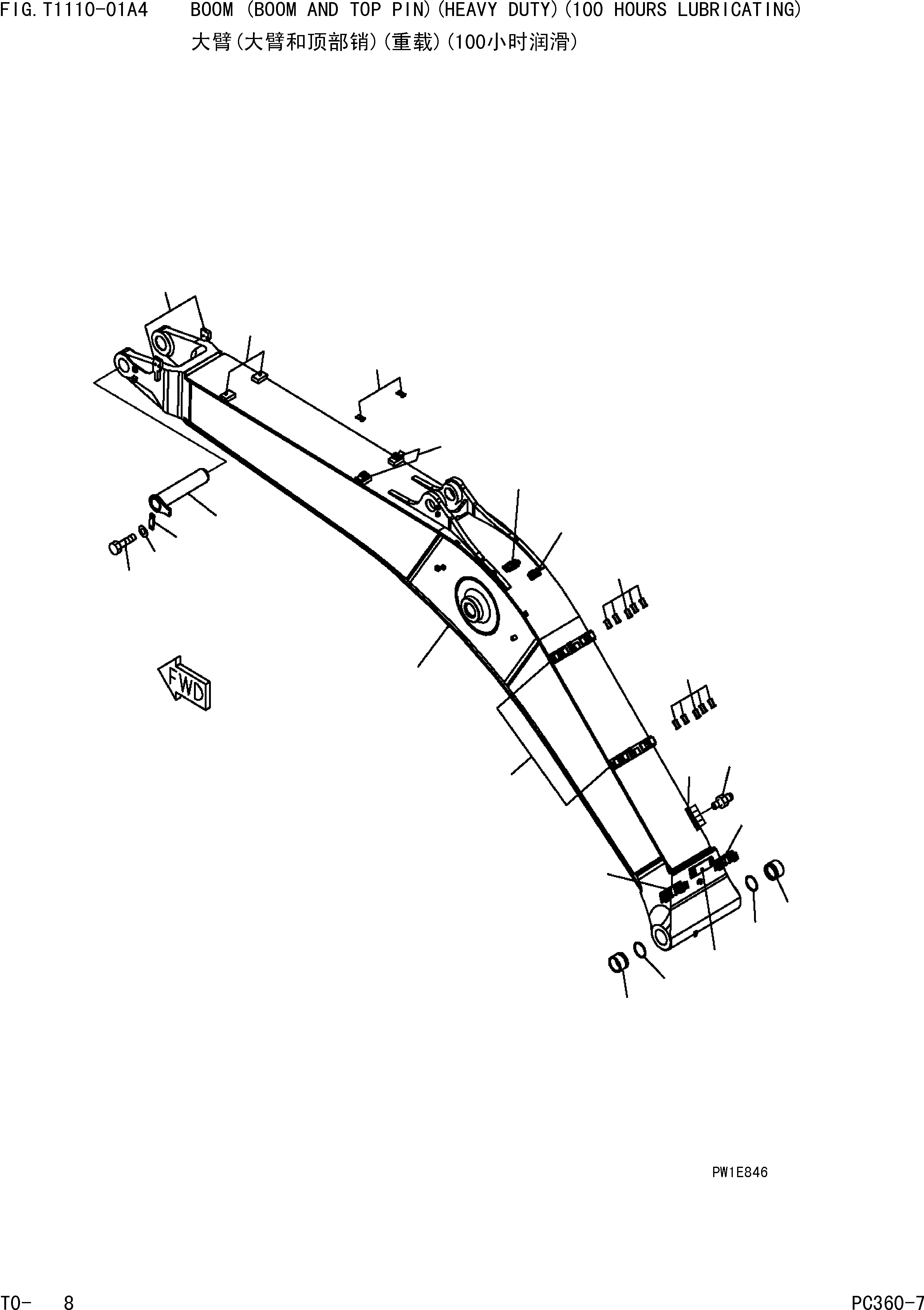 Komatsu parts book diagram for PC360-7 S/N 37715-UP: BOOM (BOOM AND TOP PIN)(HEAVY DUTY)(100 HOURSLUBRICATING)
