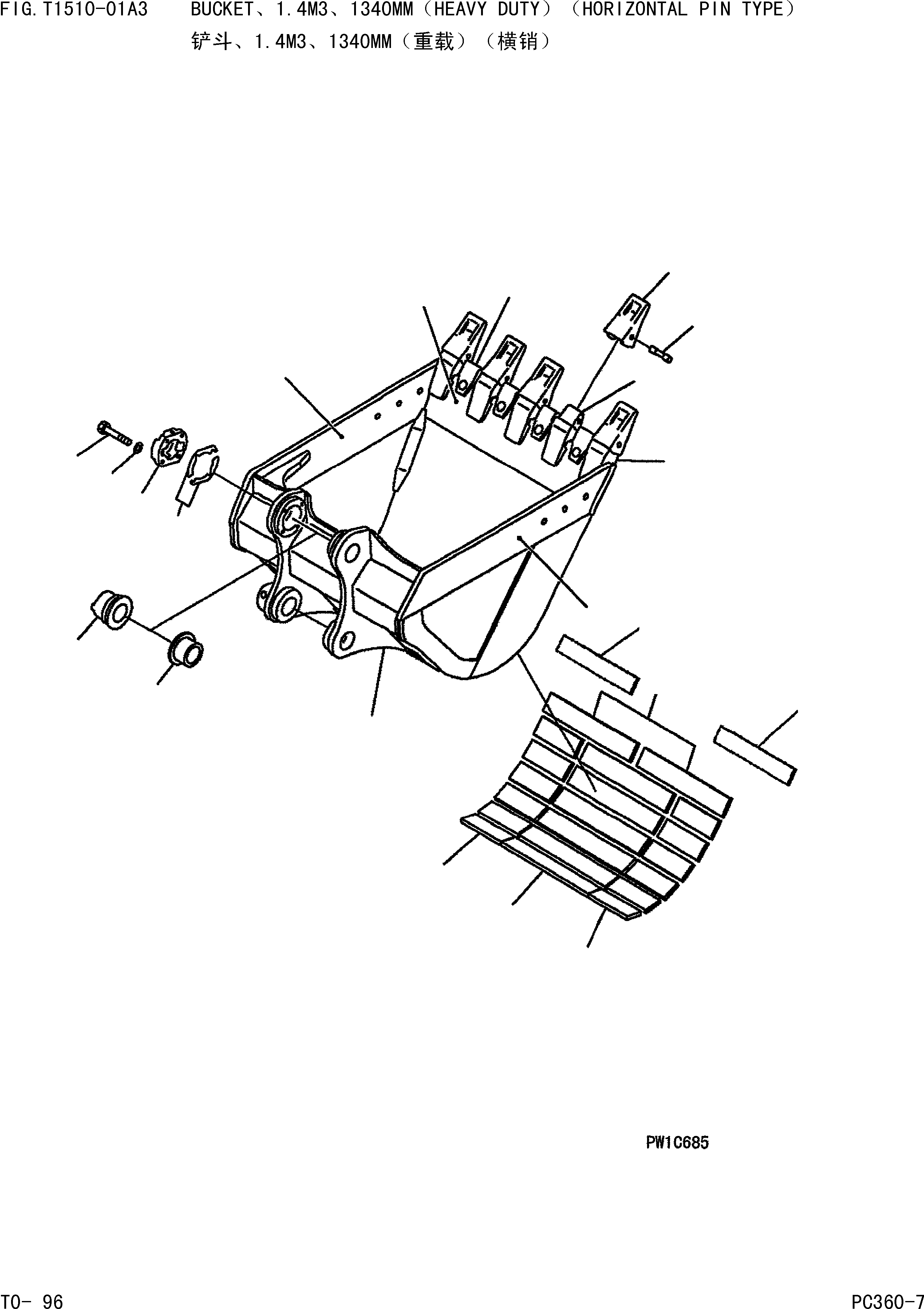 Komatsu parts book diagram for PC360-7 S/N 37715-UP: BUCKETЈ ?1.4M3Ј ?1340MM(HEAVY DUTY)(HORIZONTAL PIN TYPE)