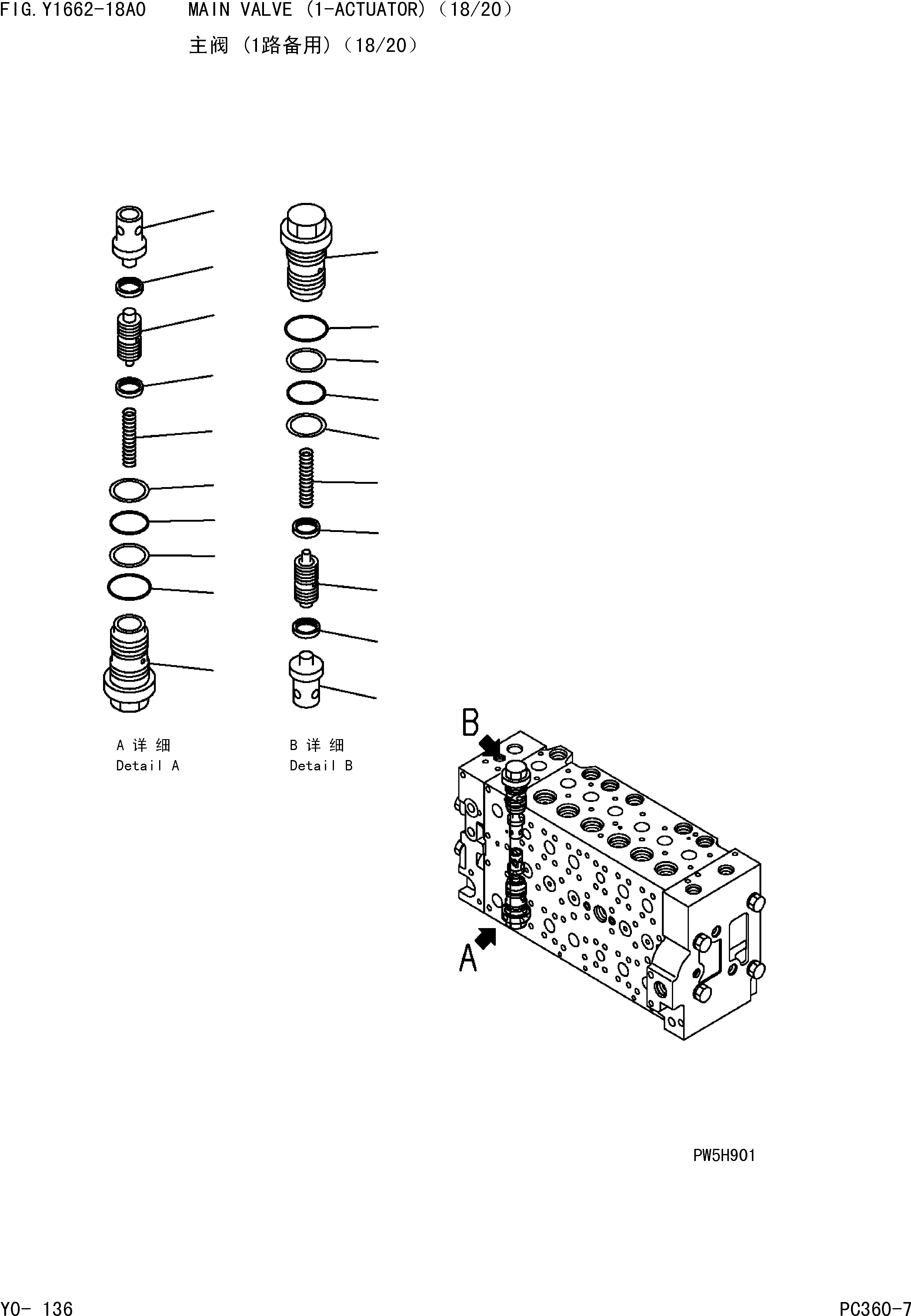 Komatsu parts book diagram for PC360-7 S/N 37715-UP: MAIN VALVE (1-ACTUATOR)(18/20)