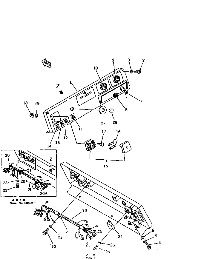 Komatsu parts book diagram for D20QG-6 S/N 60001-UP: INSTRUMENT PANEL (FOR PEDAL STEERING)