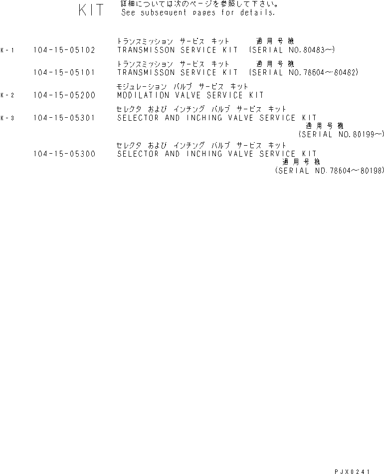 Bulldozers Komatsu / D21A-7T-M S/N 78604-UP(d21a-70r) / SERVICE KIT (F3-R3)(420010 : Y0100-01A1)