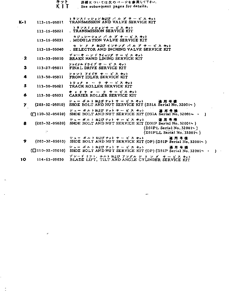 Komatsu parts book diagram for D31A-17 S/N 32001-UP: KIT