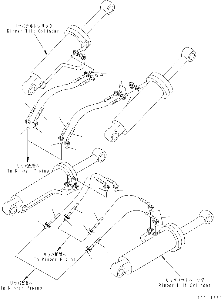 Komatsu parts book diagram for D475A-5 S/N 20001-UP (For Alaska Extreme Cold Terrain Spec.): RIPPER CYLINDER PIPING (COLD WEATHER (B) SPEC.)