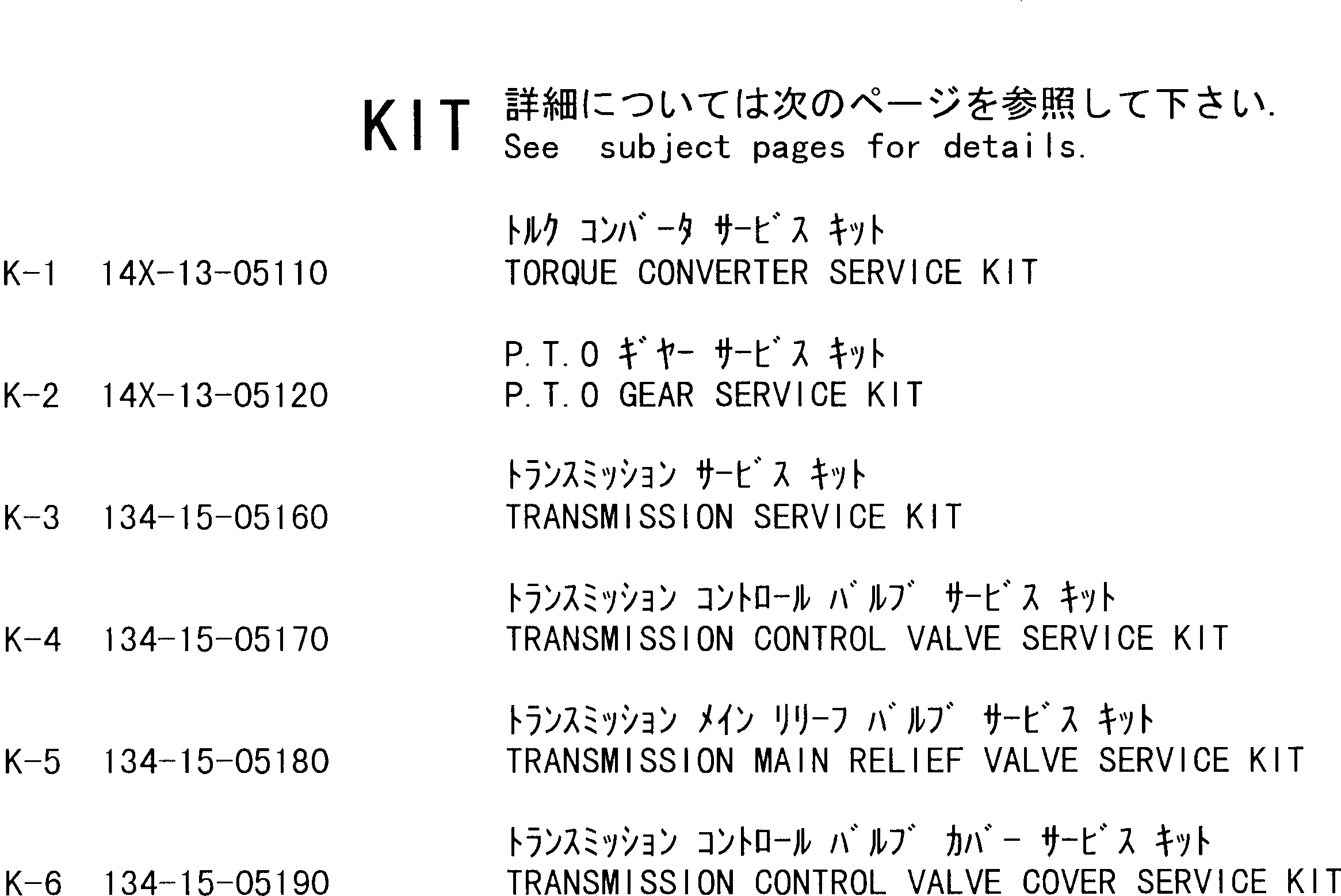 Crawler Loaders Komatsu / D68ESS-12 S/N 1001-UP (Overseas Version)(d68ess-c) / SERVICE KIT(420010 : Y0100-01A0)