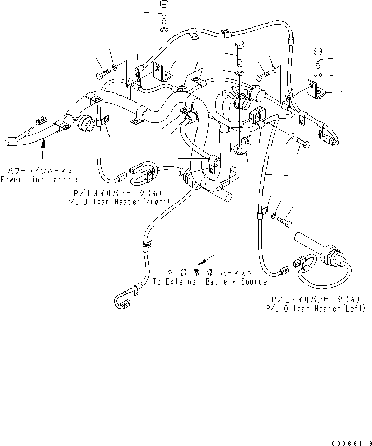 Komatsu parts book diagram for D85PX-15E0 S/N 1201-11608 (ecot3): WIRING (POWER LINE HARNESS) (WITH ENGINE OIL AND COOLANT HEATER)(#1201-)