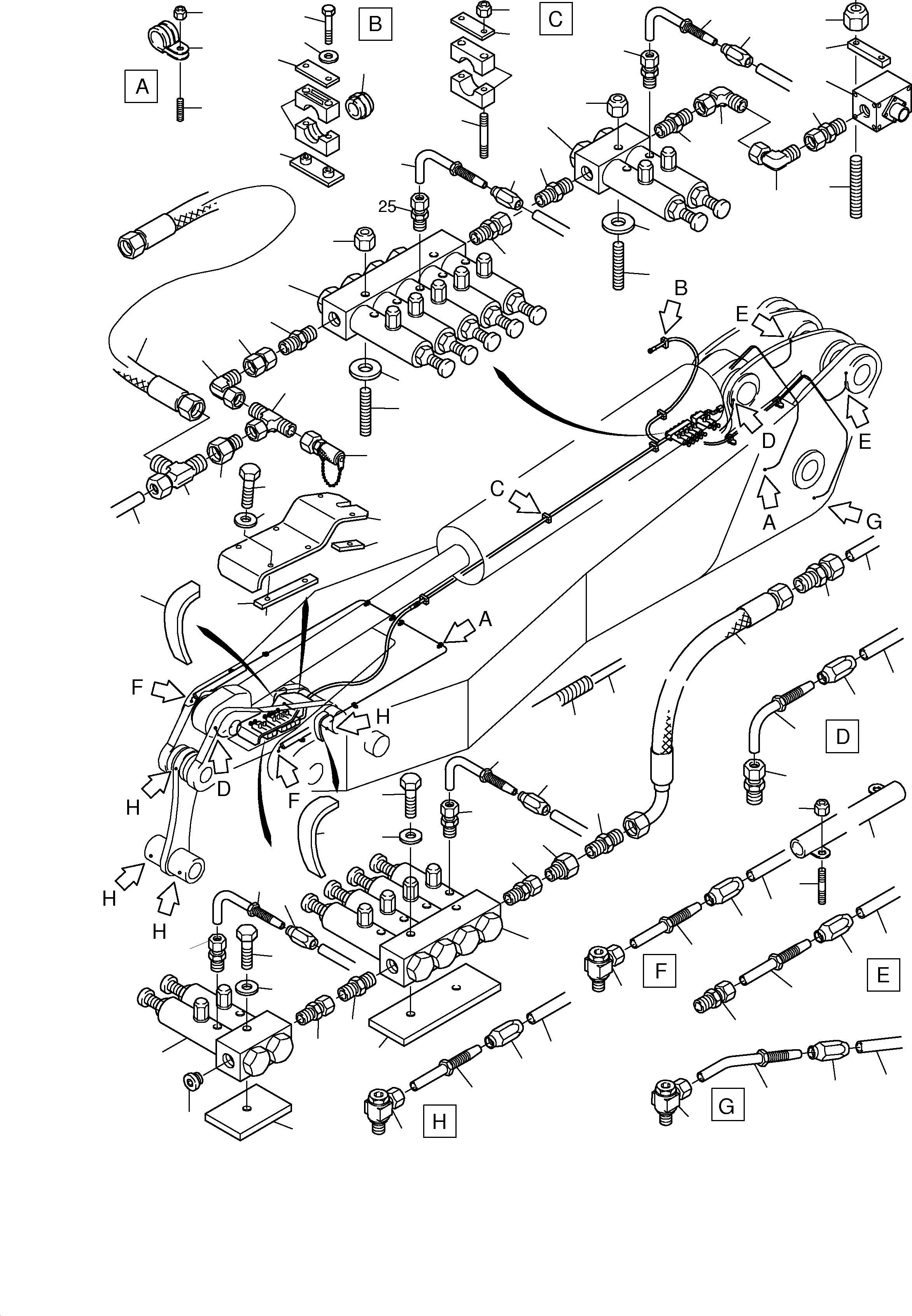 Komatsu parts book diagram for PC3000-1 S/N 06191: STICK - LUBE LINES, BACKHOE EQUIPMENT