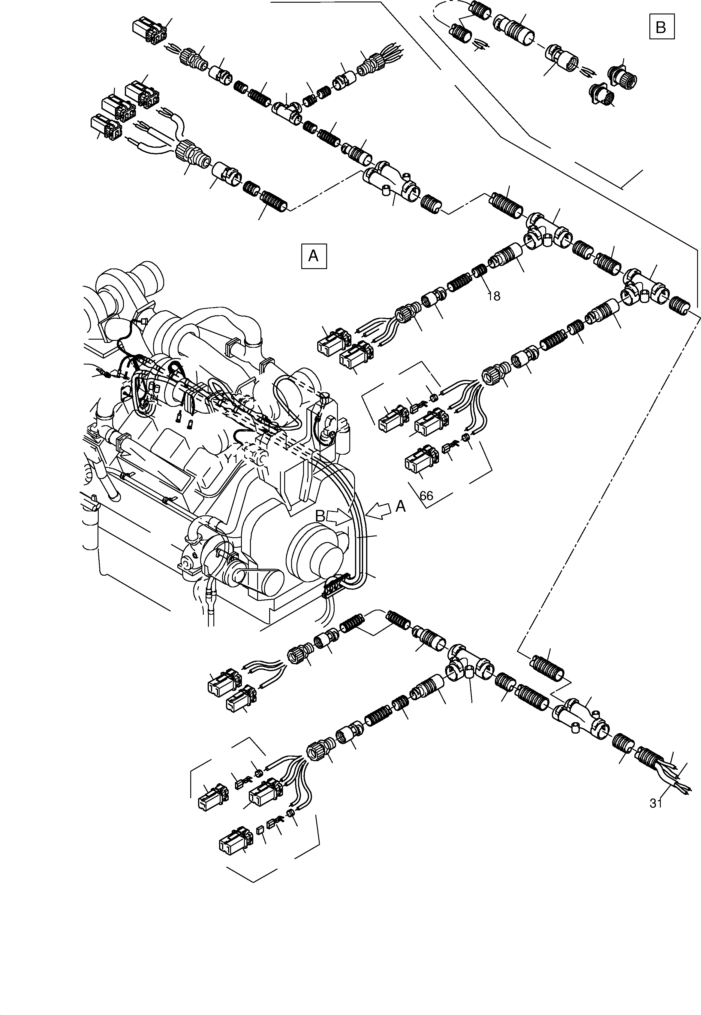 Komatsu parts book diagram for PC3000-1 S/N 06191: CABLES - ENGINE AND TRANSMITTER