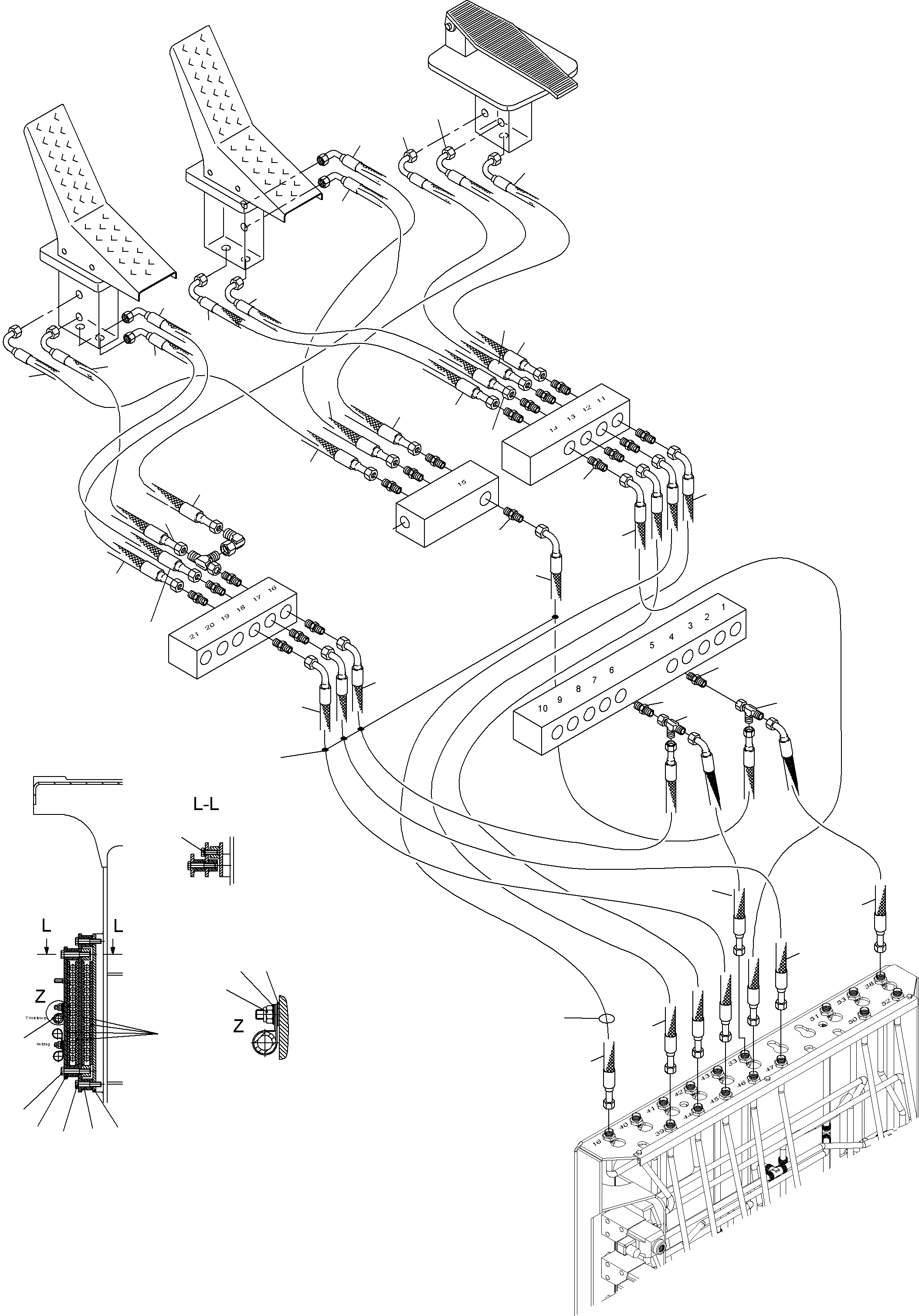 Komatsu parts book diagram for PC3000-6 S/N 06217: CONTROL LINES - PILOTCONTROL PLATE TO PILOT OIL UNITS (BE)