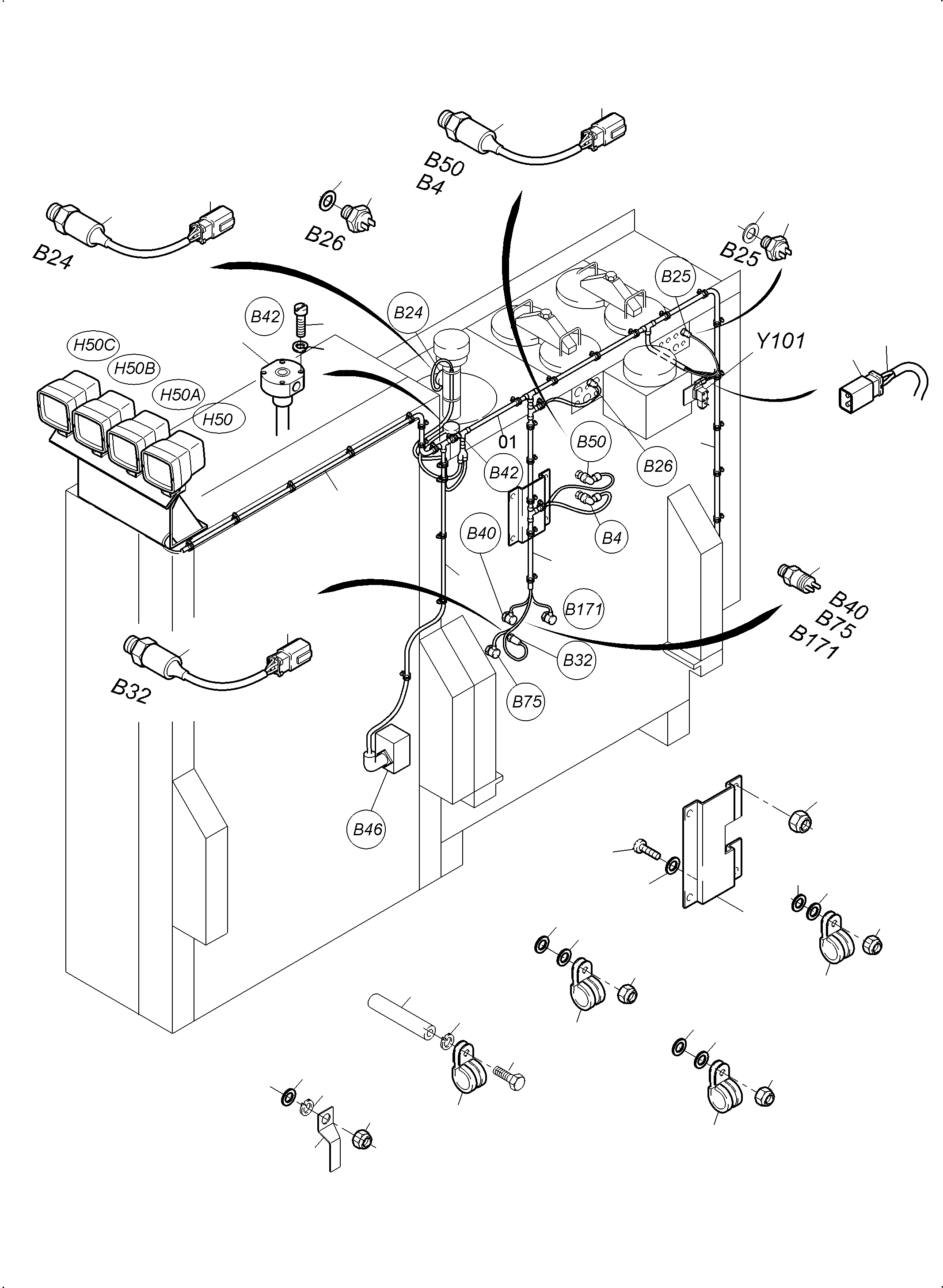 Komatsu parts book diagram for PC3000-6E S/N 06361: CABLES - OIL TANK AND SWITCH