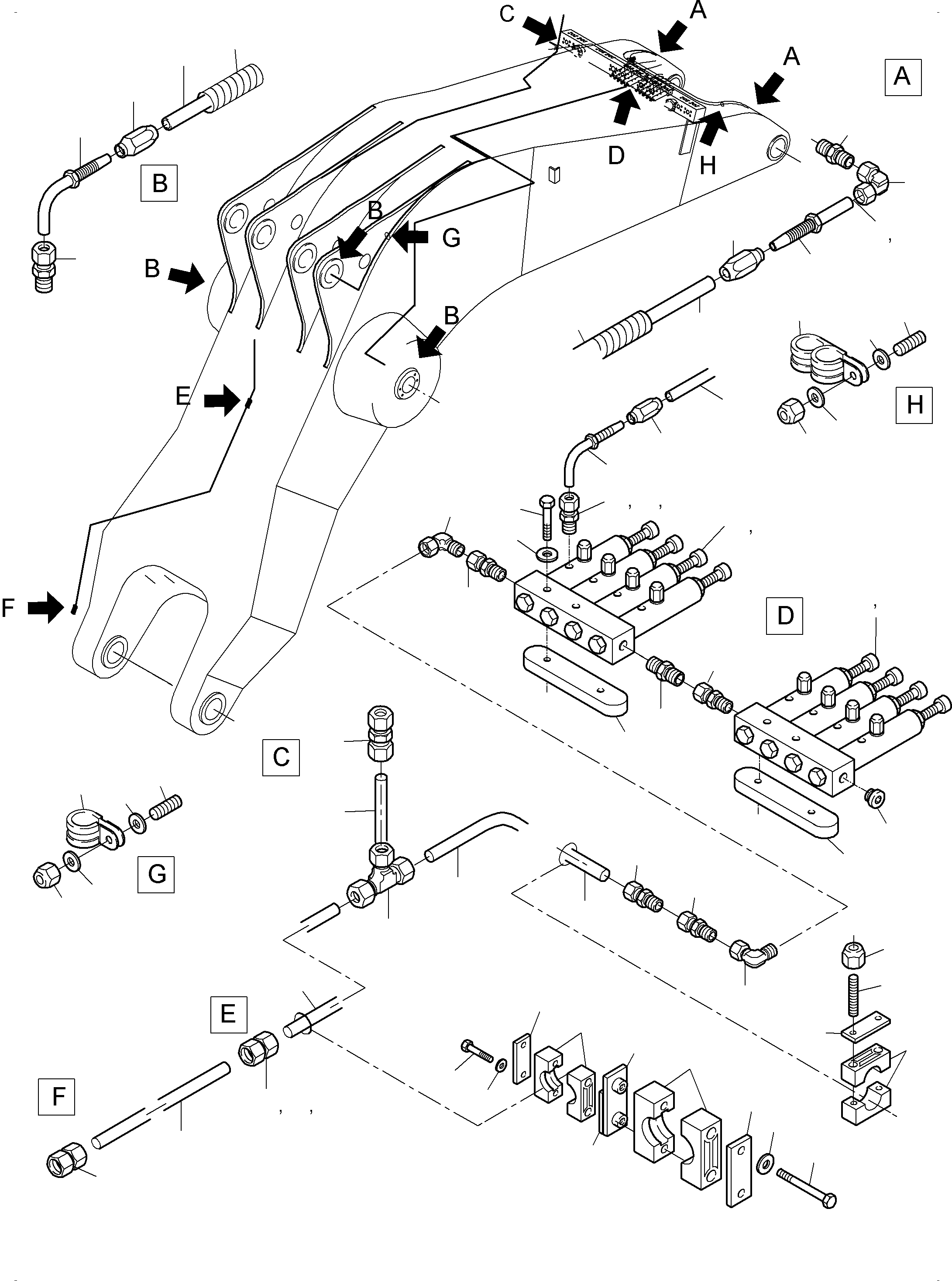 Komatsu parts book diagram for PC3000-6 S/N 06375: BOOM - CENTRAL LUBRICATION BH - 8.6 M