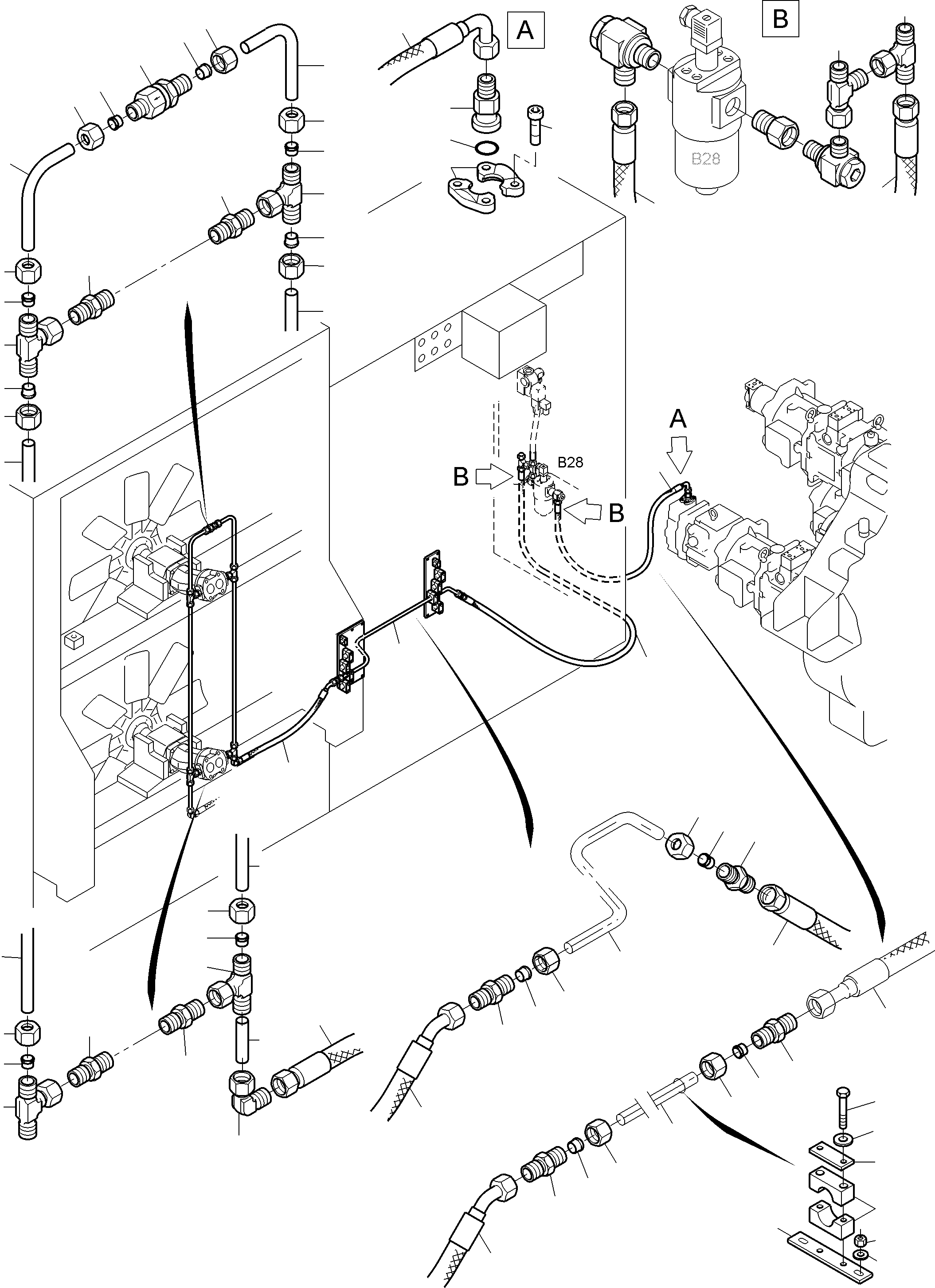 Komatsu parts book diagram for PC3000-6 S/N 06381: PRESSURE LINES - FAN MOTOR, FAN PUMP