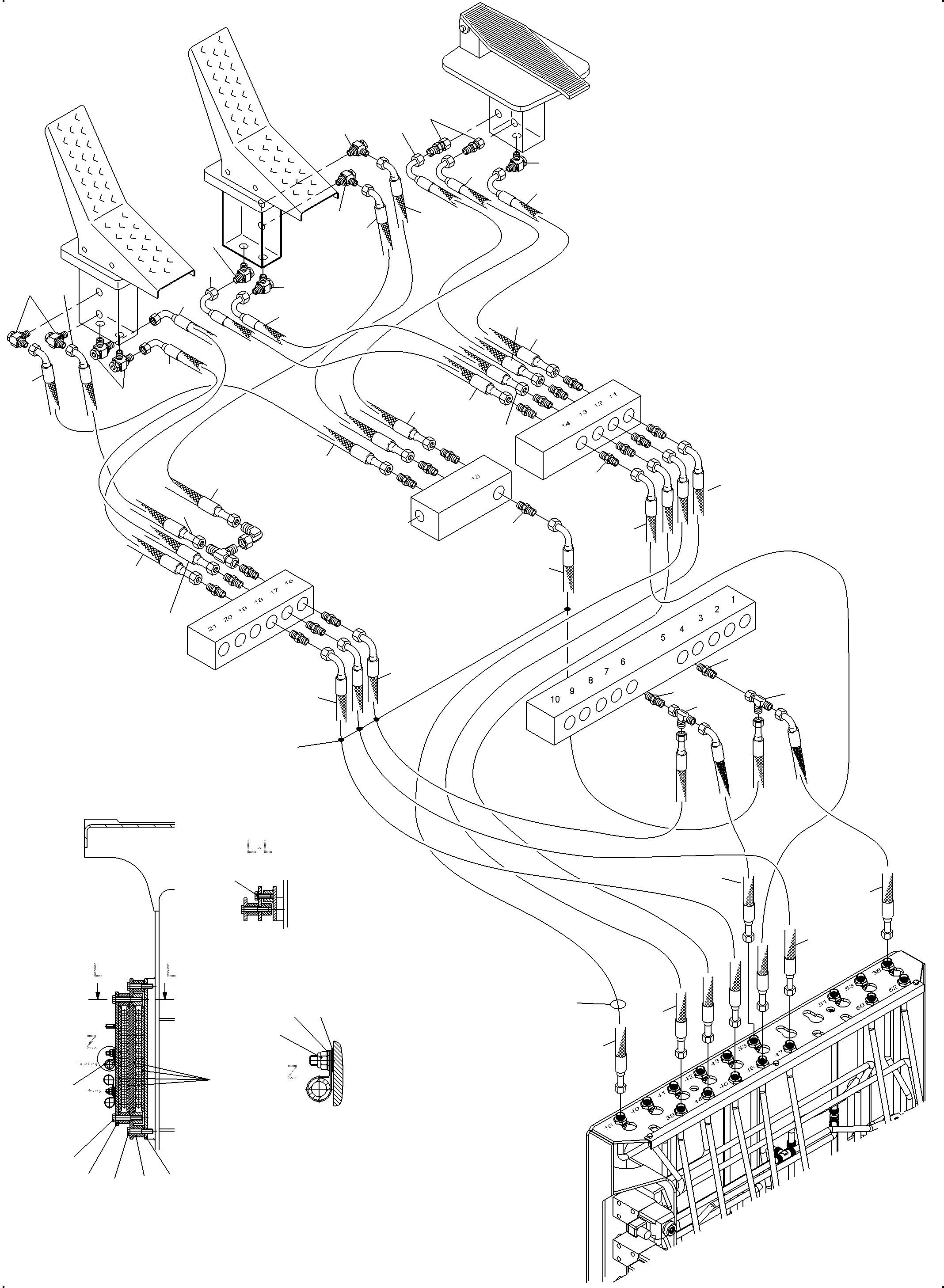 Komatsu parts book diagram for PC3000-6 S/N 06382: CONTROL LINES - PILOTCONTROL PLATE TO PILOT OIL UNITS (BE)