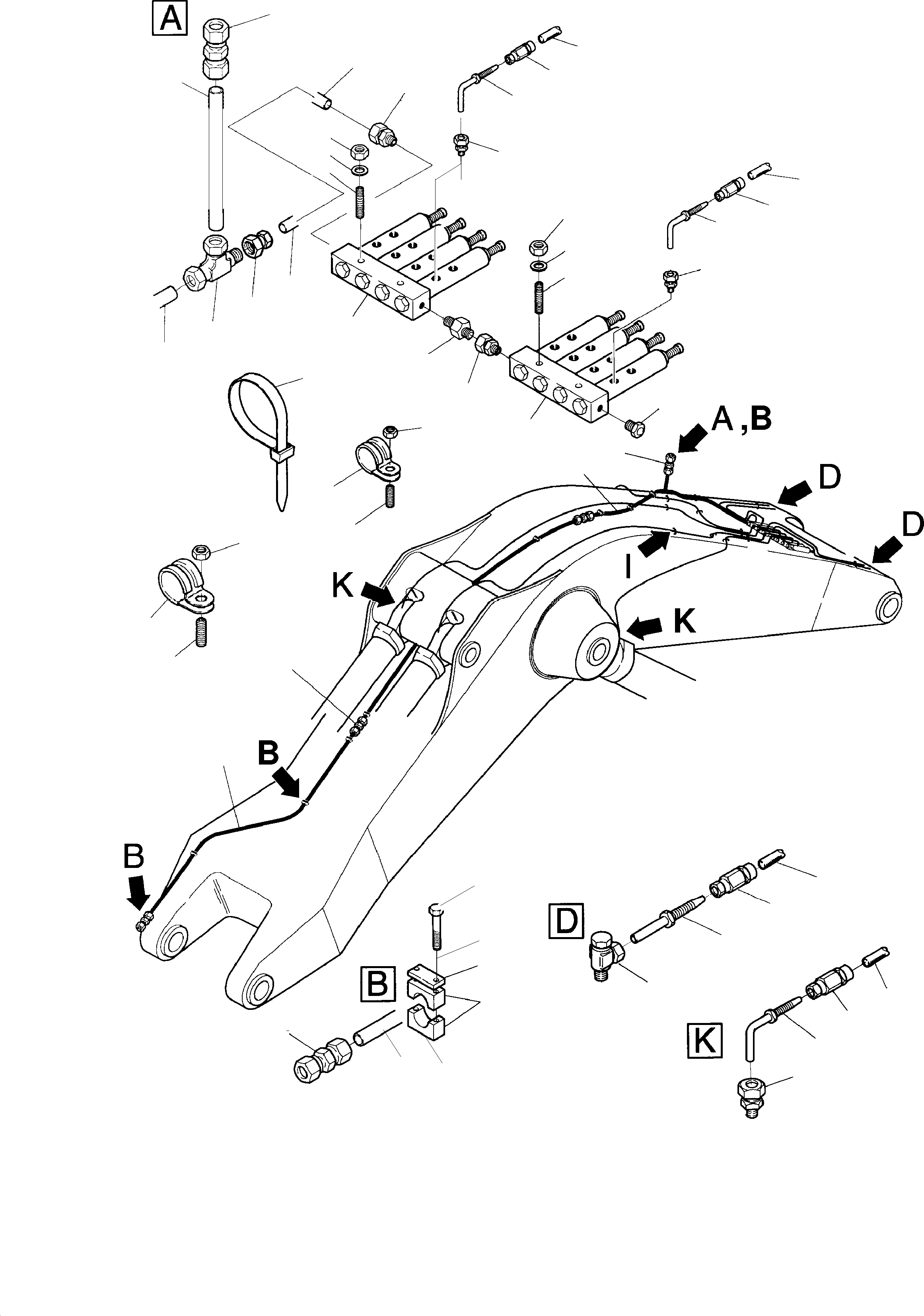 Komatsu parts book diagram for PC4000-6 S/N 08164: BOOM - LUBE LINES, BE - 9.75M