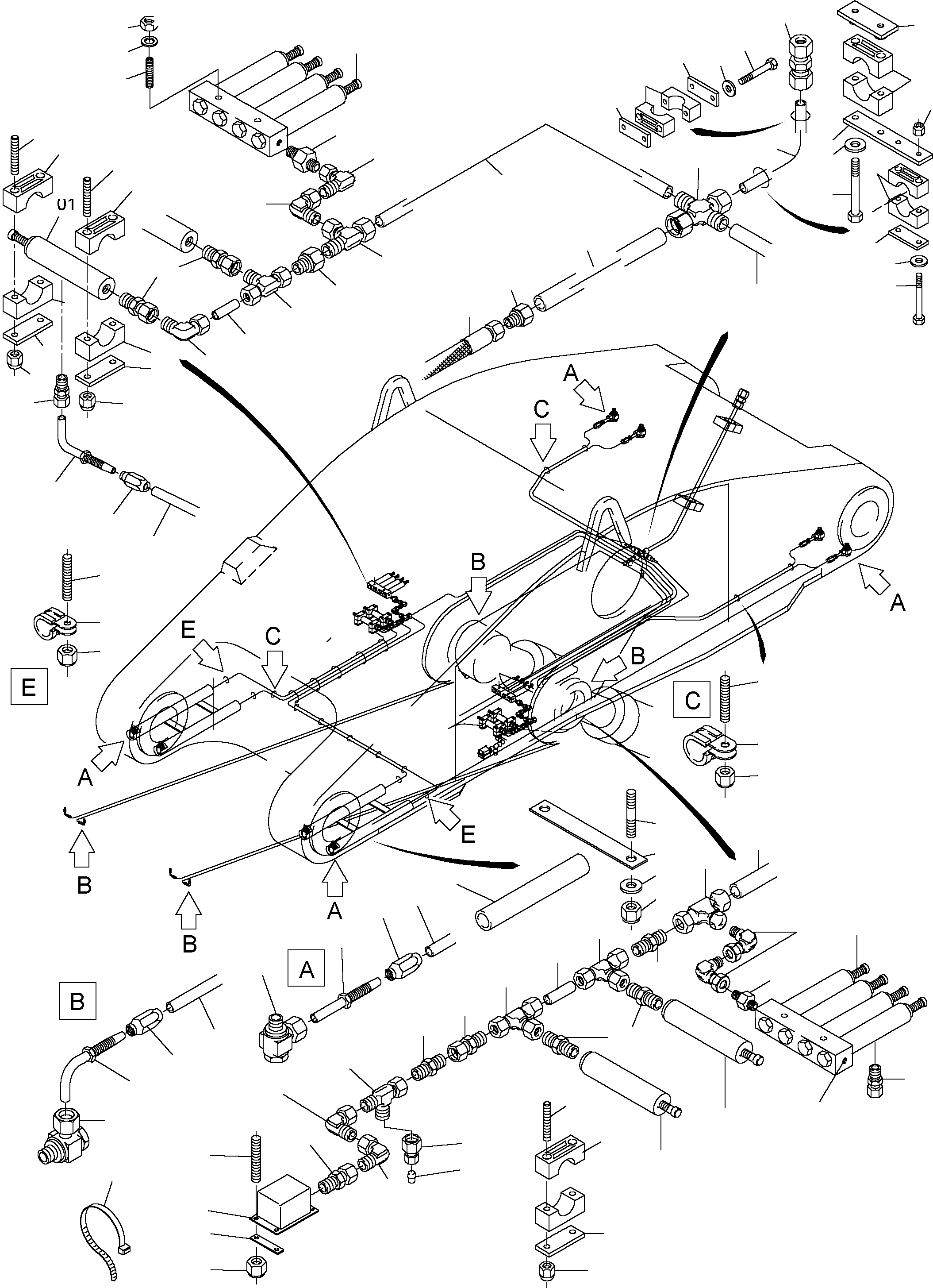 Komatsu parts book diagram for PC4000-6 S/N 08168: STICK 5.75 M - CENTRAL LUBRICATION