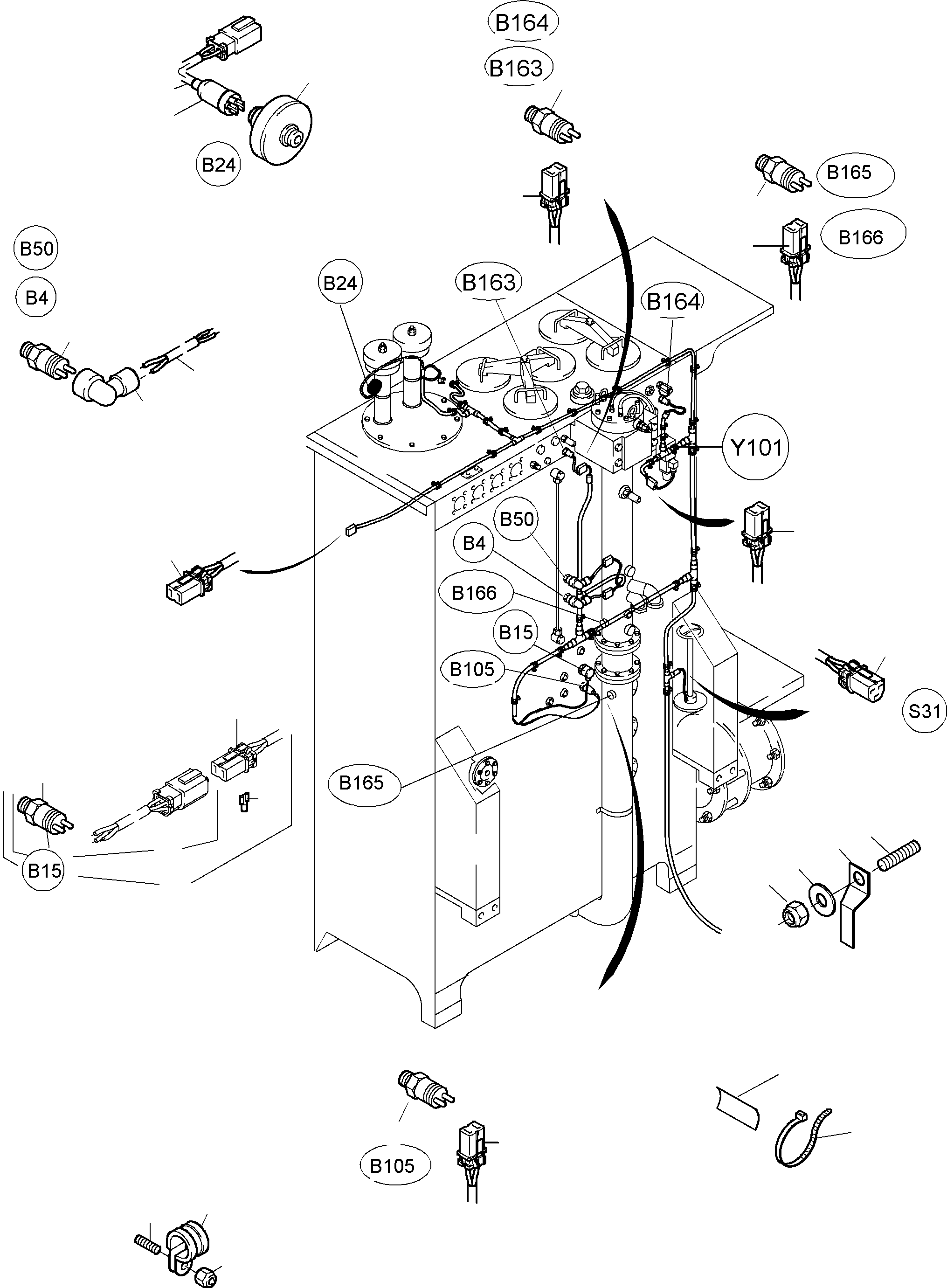 Komatsu parts book diagram for PC4000-6 S/N 08168: CABLES - OIL TANK AND SWITCH