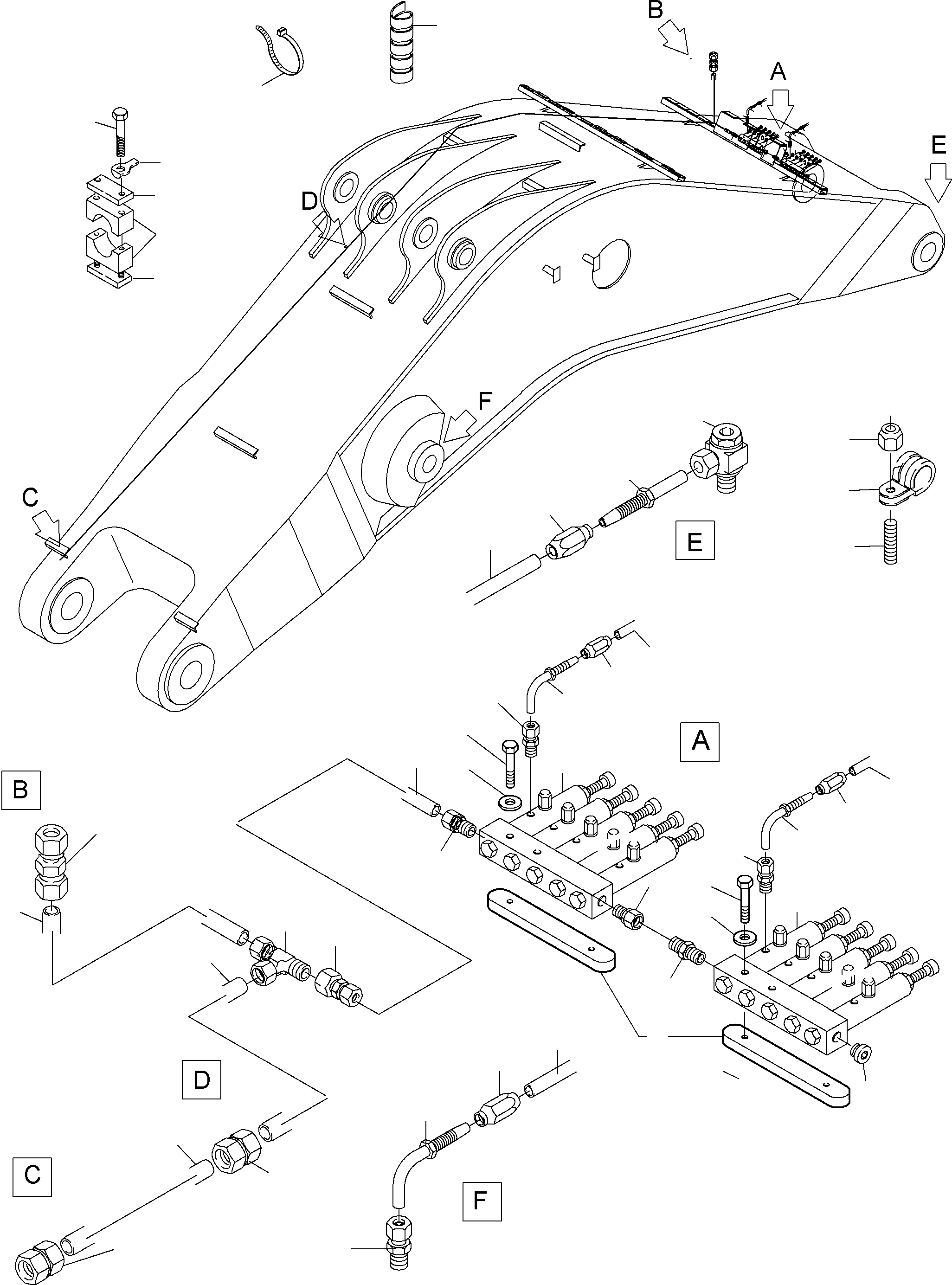 Komatsu parts book diagram for PC4000-6 S/N 08177: BOOM - LUBE LINES, BE - 9.75M