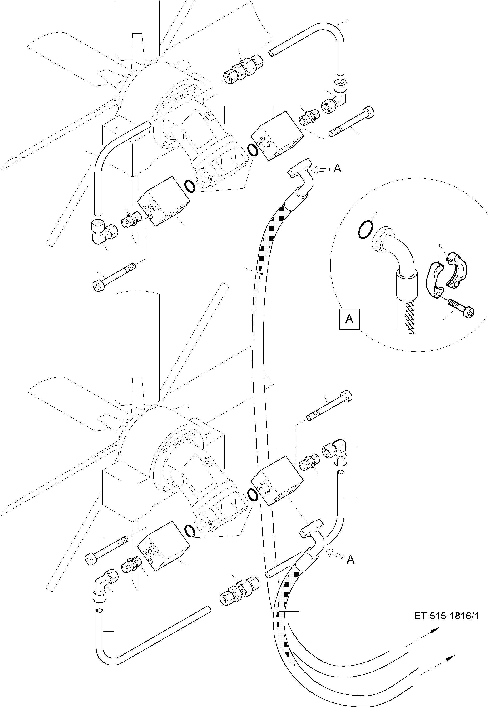 Komatsu parts book diagram for H455S S/N 15005: PRESSURE LINES - FAN MOTORS (OIL COOLER)