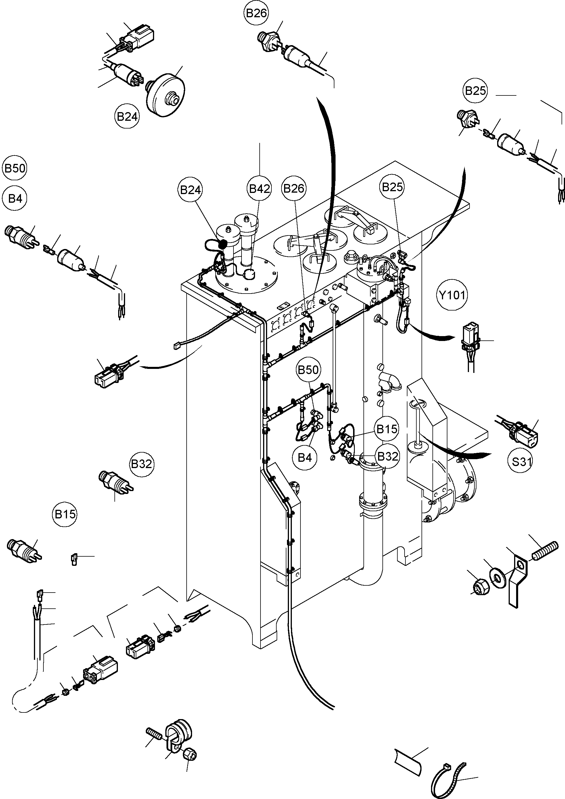 Komatsu parts book diagram for PC5500-6 S/N 15017: CABLES - OIL TANK AND SWITCH