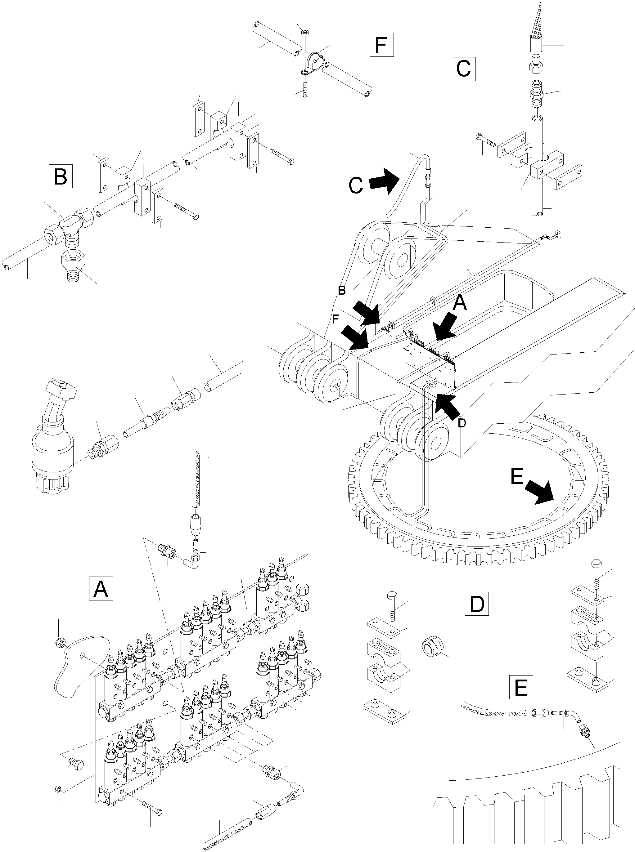 Komatsu parts book diagram for PC5500-6 S/N 15017: LUBE DISTRIBUTOR SLEW RING