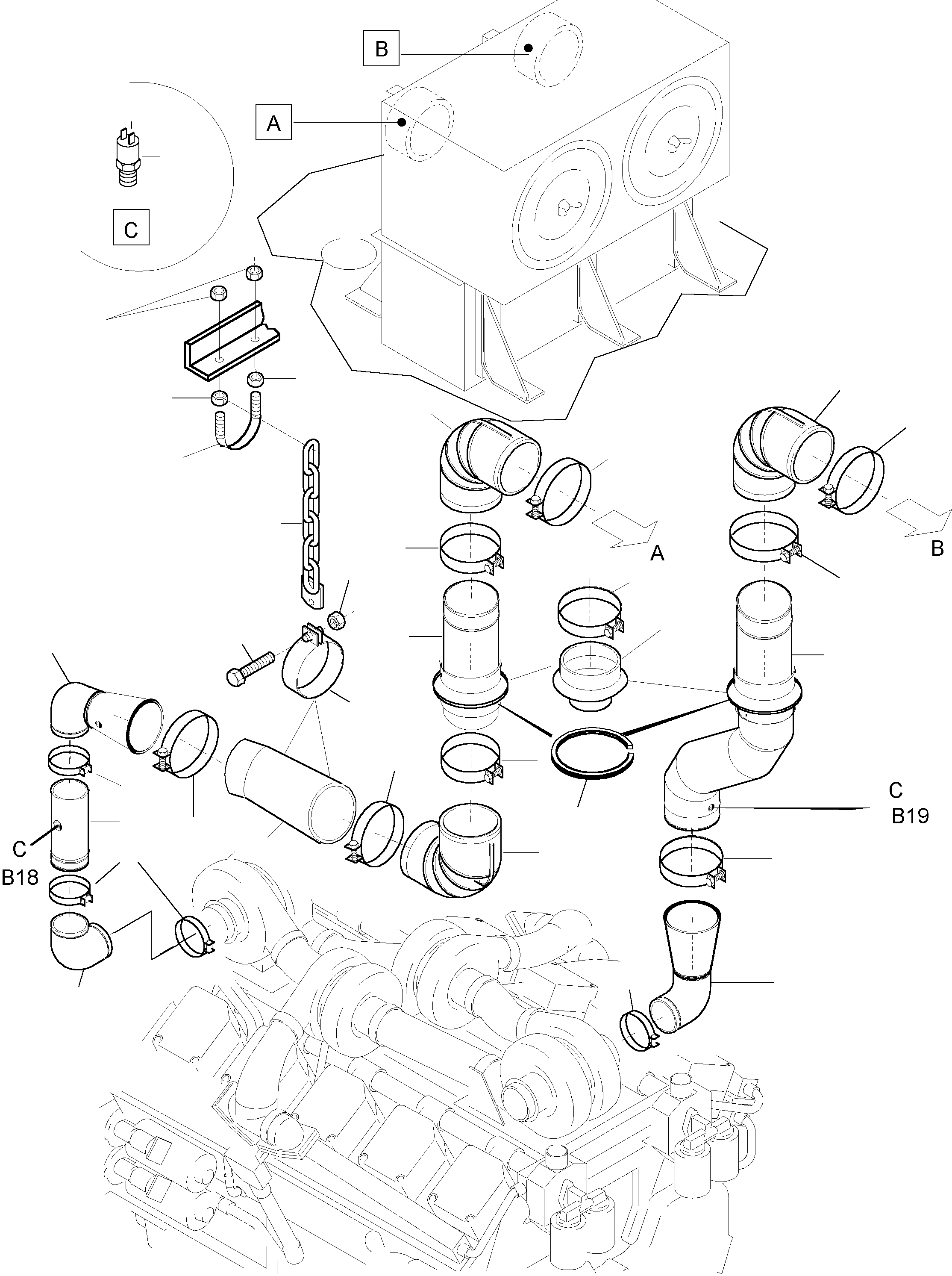Komatsu parts book diagram for PC5500-6 S/N 15017: ENGINE AIR INTAKE LINES
