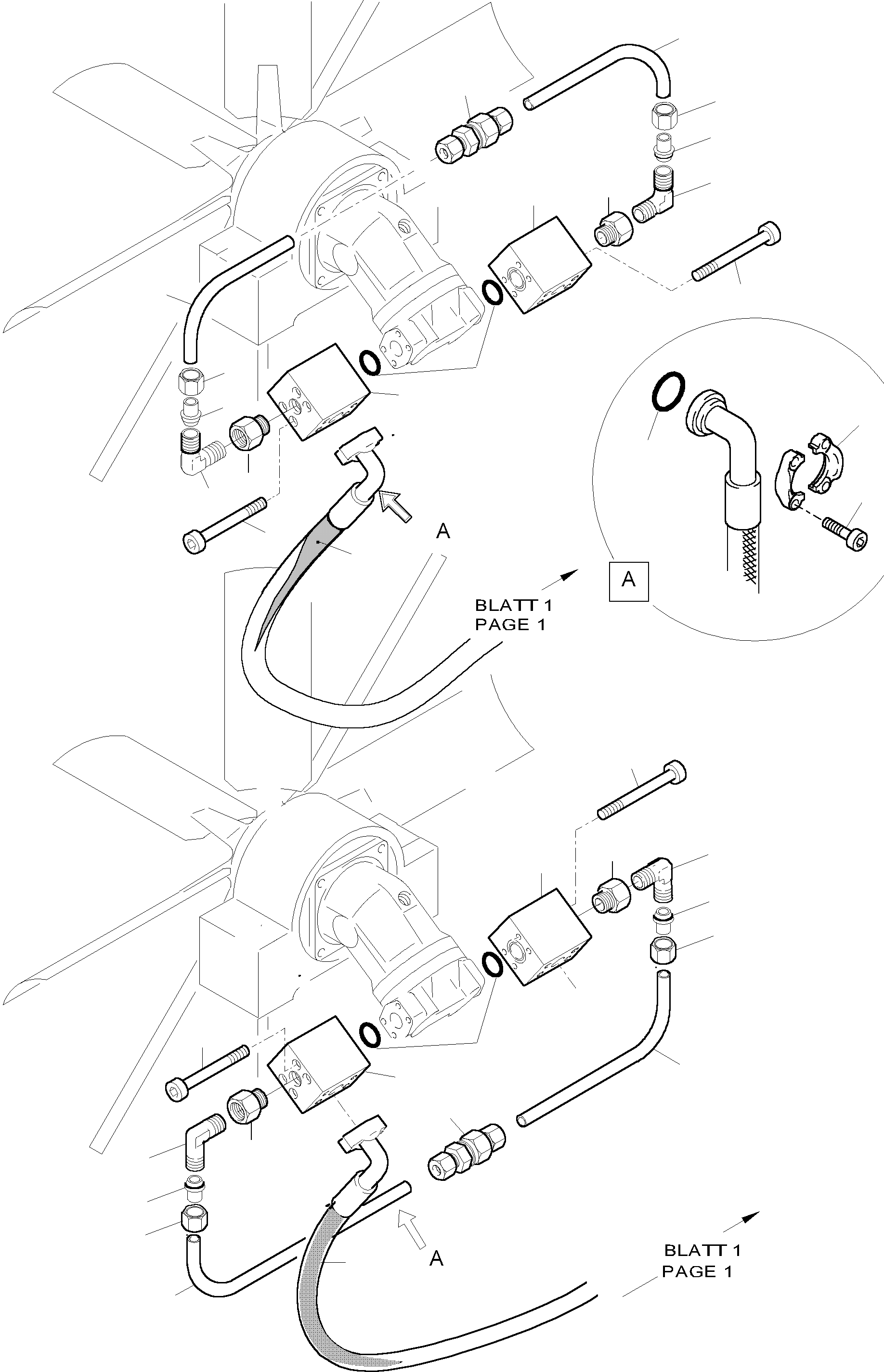Komatsu parts book diagram for PC5500-6 S/N 15019: PRESSURE LINES - FAN MOTORS (OIL COOLER)