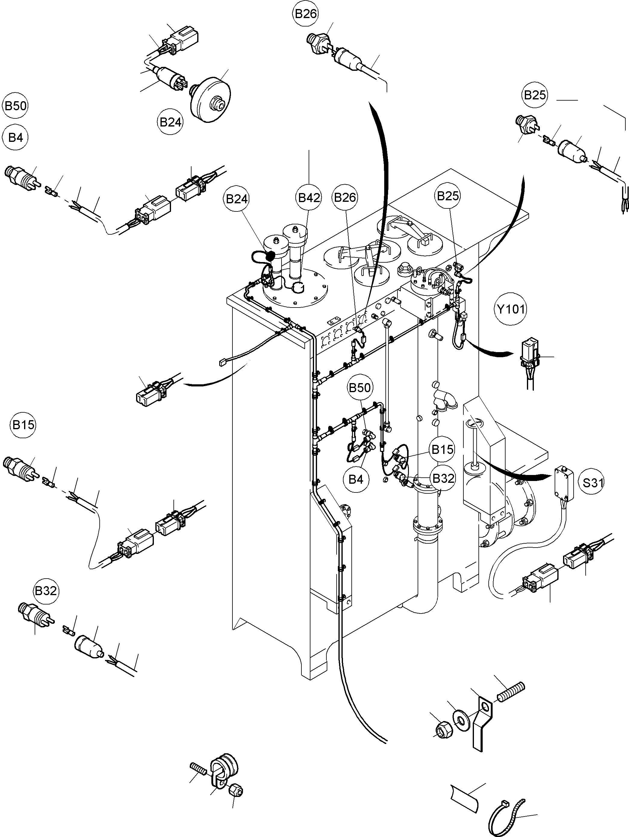Komatsu parts book diagram for PC5500-6 S/N 15019: CABLES - OIL TANK AND SWITCH