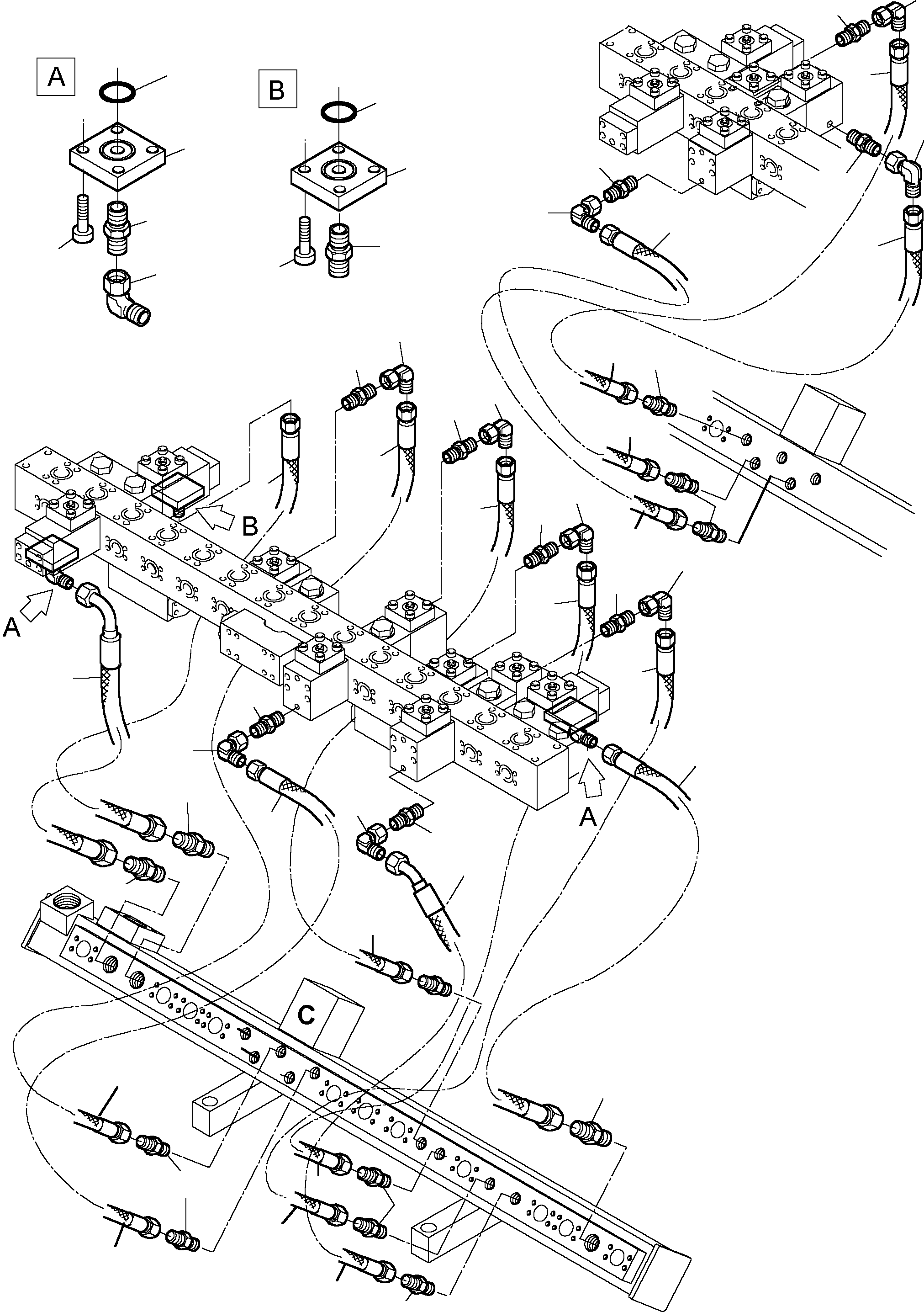 Komatsu parts book diagram for PC5500-6 S/N 15019: RETURN LINES - MANIFOLD, BE