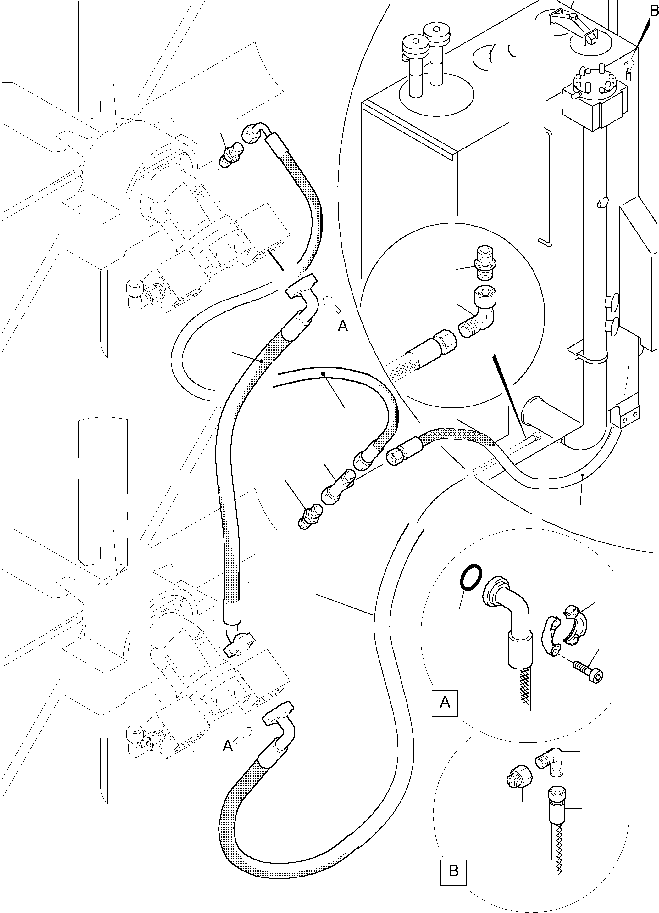 Komatsu parts book diagram for PC5500-6 S/N 15024: RETURN LINES - FAN MOTORS ( OIL COOLER )