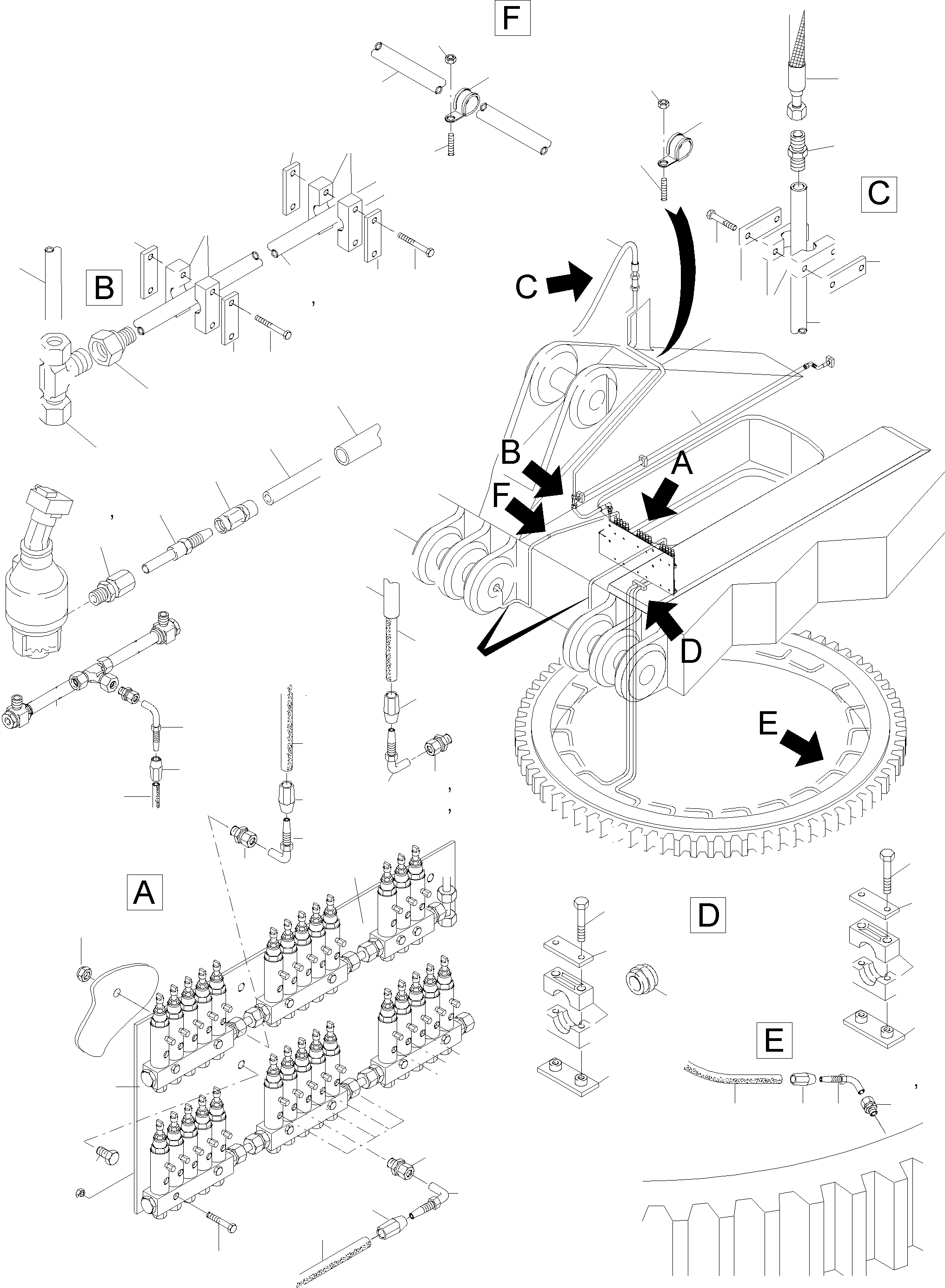 Komatsu parts book diagram for PC5500-6E S/N 15048: LUBE DISTRIBUTOR SLEW RING
