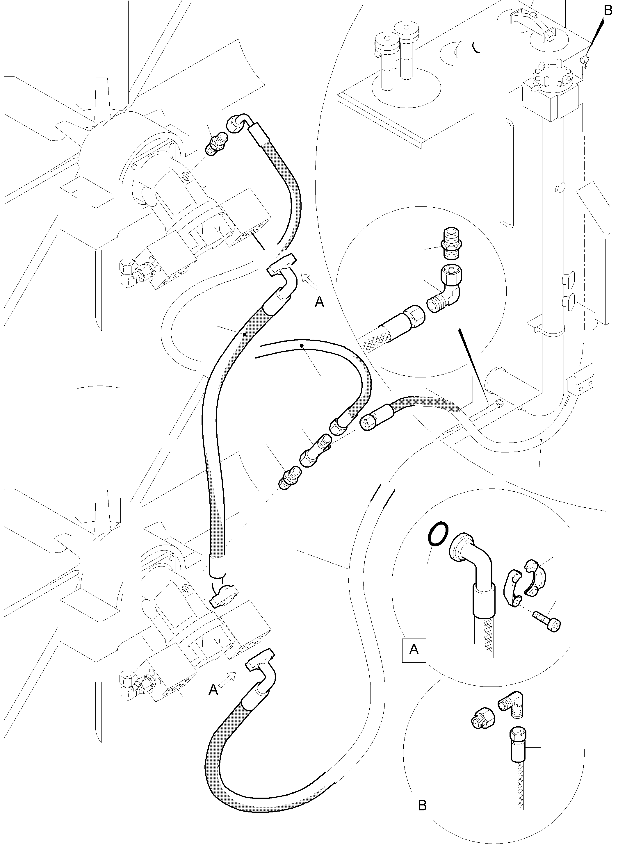Komatsu parts book diagram for PC5500-6 S/N 15049: RETURN LINES - FAN MOTORS ( OIL COOLER )