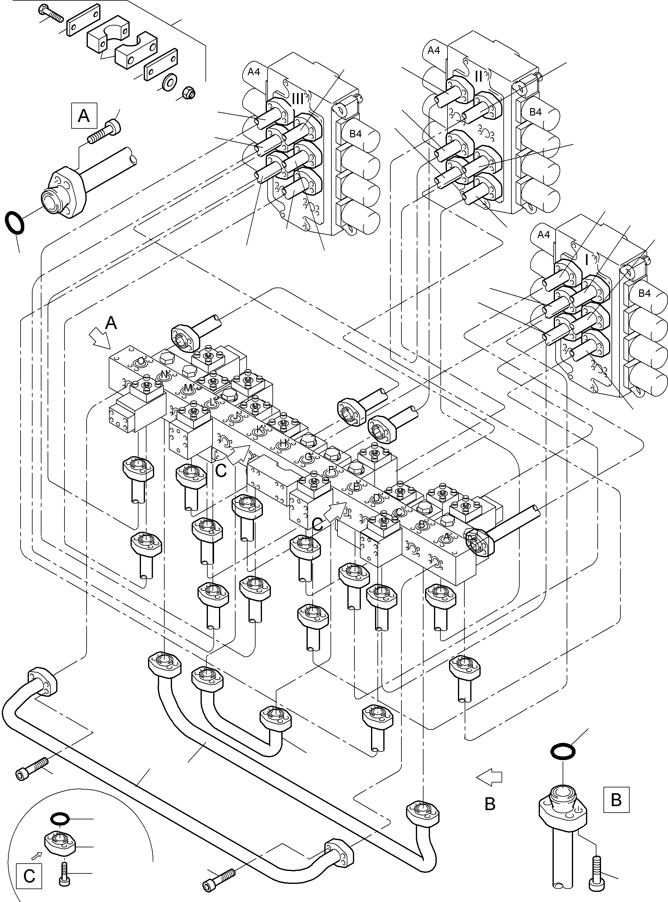Komatsu parts book diagram for PC5500-6 S/N 15049: PRESSURE LINES, CONTROL BLOCKS - MANIFOLD B.H.