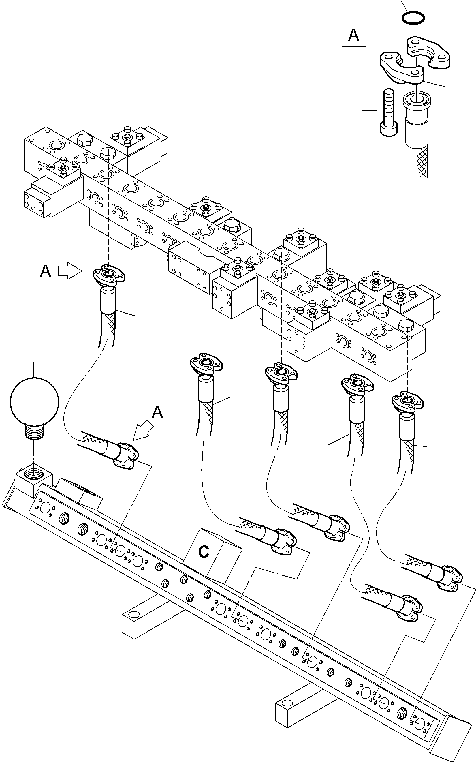 Komatsu parts book diagram for PC5500-6 S/N 15049: RETURN LINES - MANIFOLD, BE