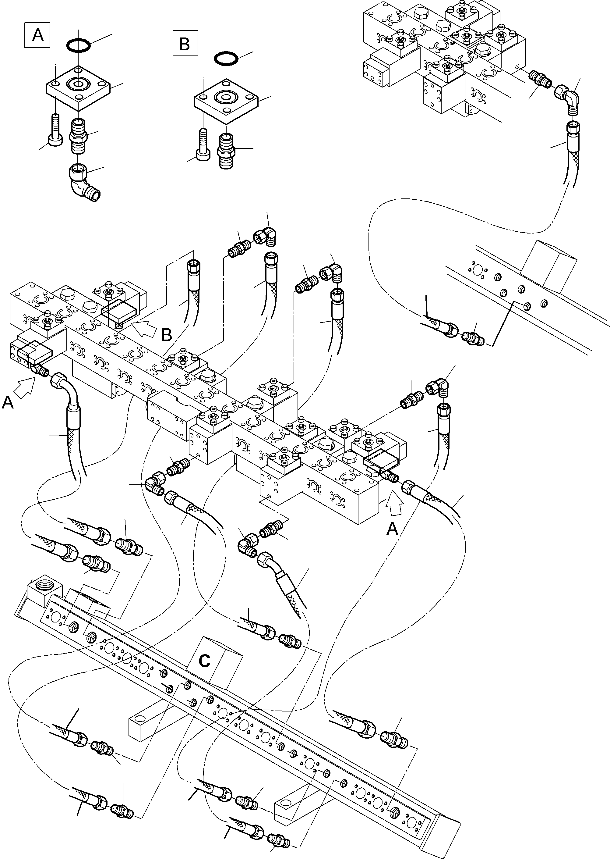 Komatsu parts book diagram for PC5500-6 S/N 15049: RETURN LINES - MANIFOLD, BE