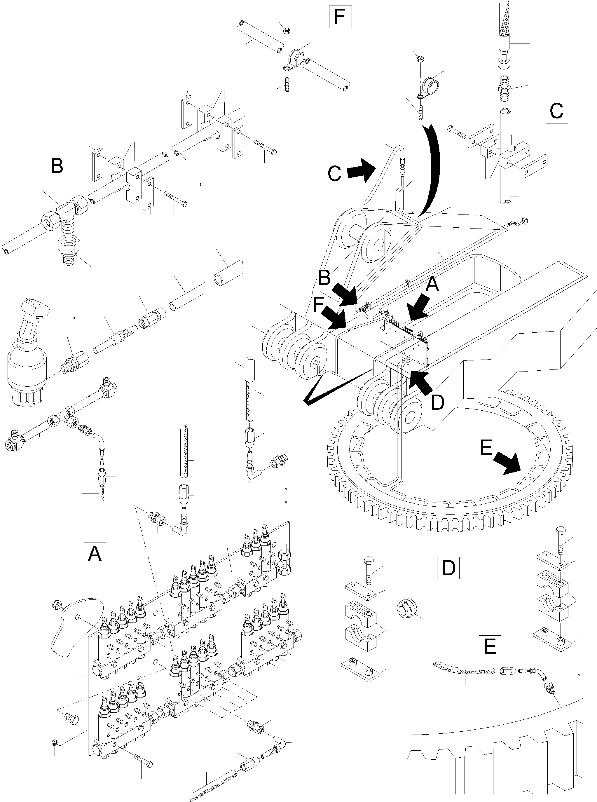 Komatsu parts book diagram for PC5500-6 S/N 15049: LUBE DISTRIBUTOR SLEW RING
