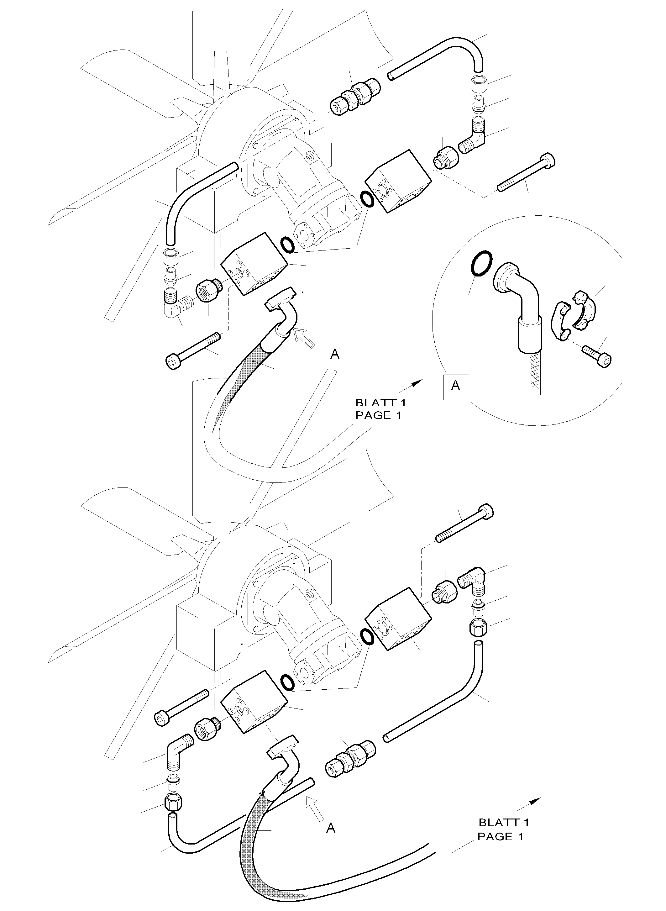 Komatsu parts book diagram for PC5500-6 S/N 15056: PRESSURE LINES - FAN MOTORS (OIL COOLER)