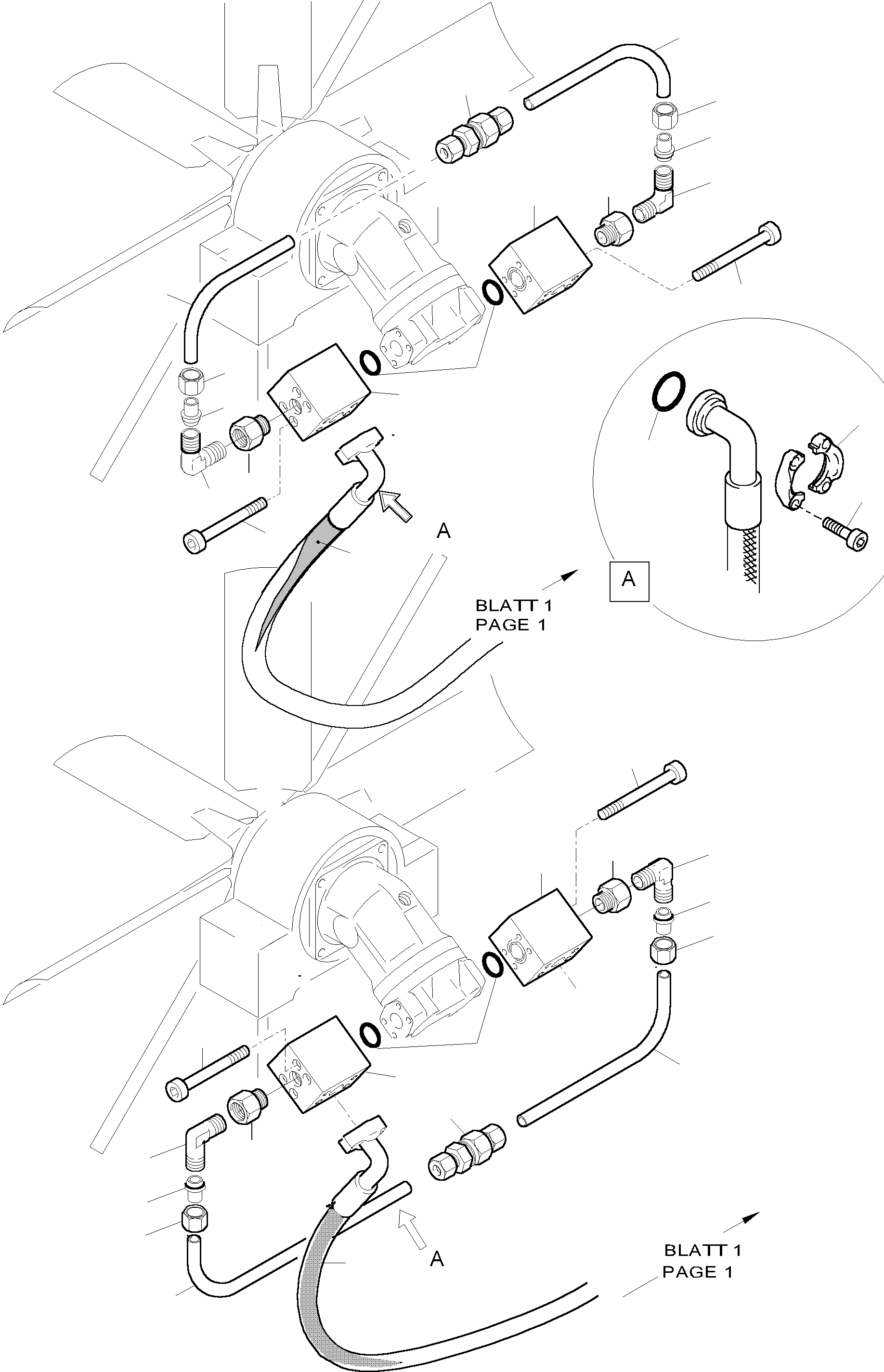 Komatsu parts book diagram for PC5500-6E S/N 15060: PRESSURE LINES - FAN MOTORS (OIL COOLER)