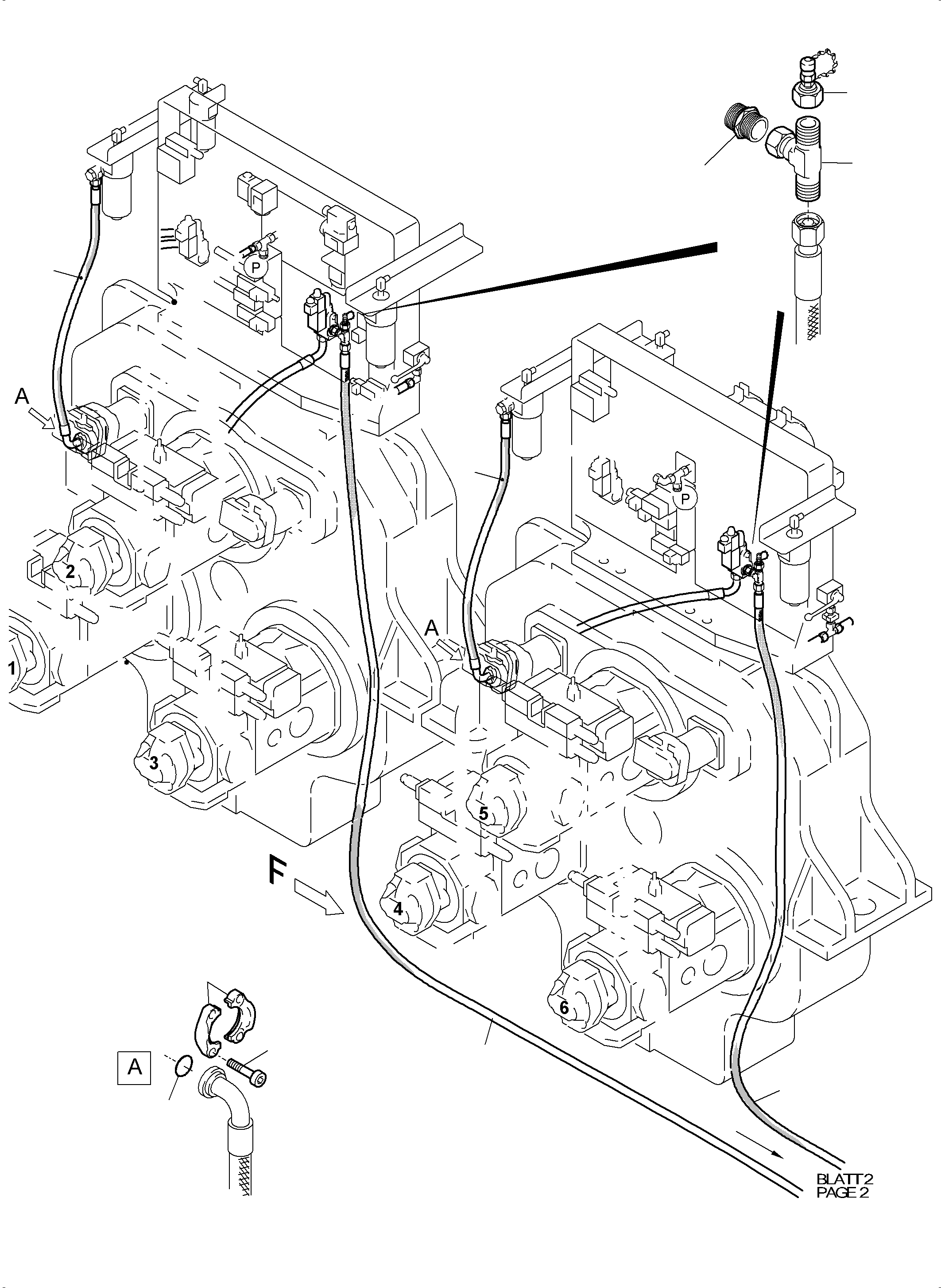 Komatsu parts book diagram for PC5500-6E S/N 15124: PRESSURE LINES - FAN MOTORS (OIL COOLER)