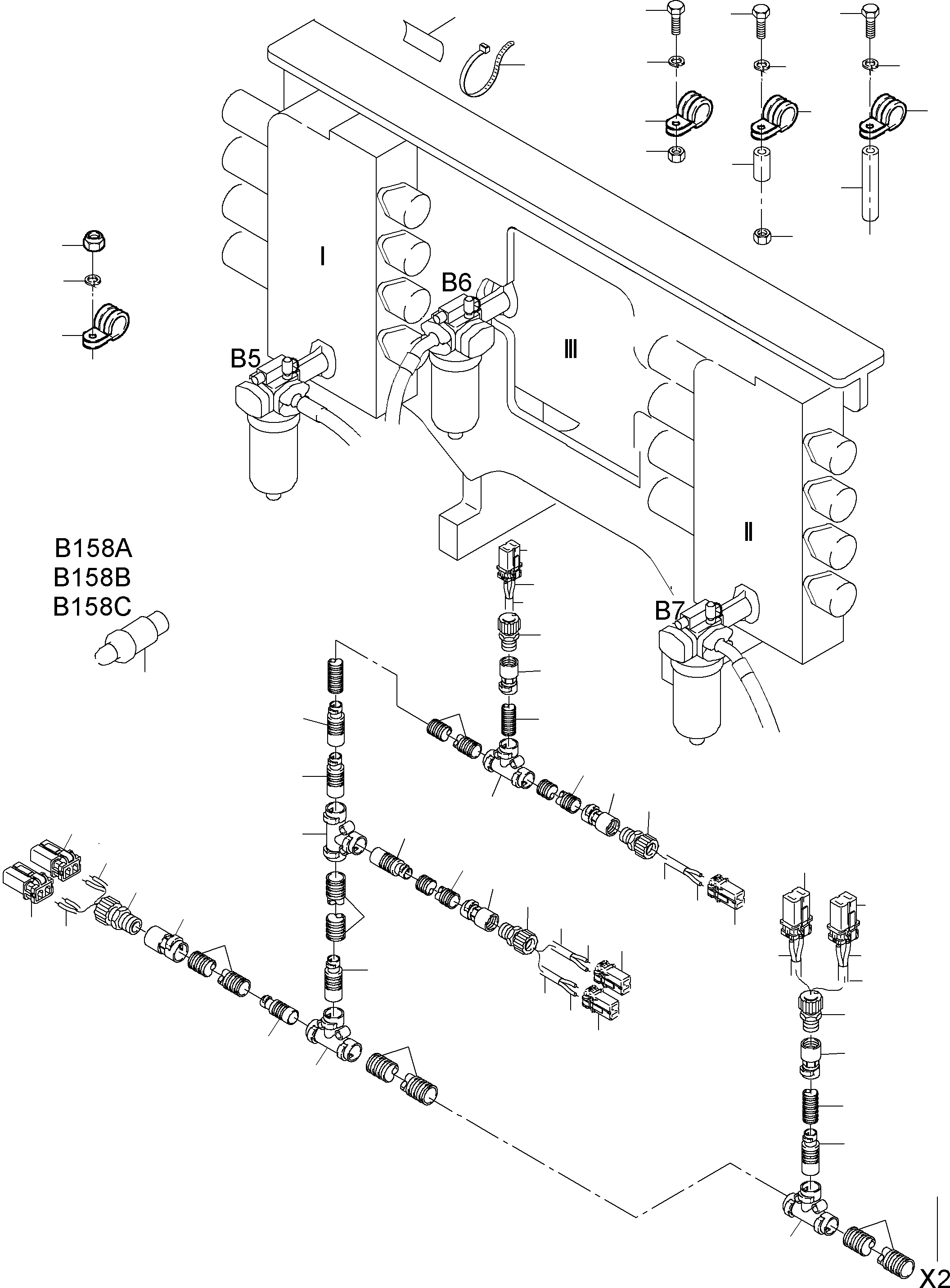 Komatsu parts book diagram for PC3000-6 S/N 46151: CABLES - SUPPORT, CONTROL UNIT - H.P. FILTER