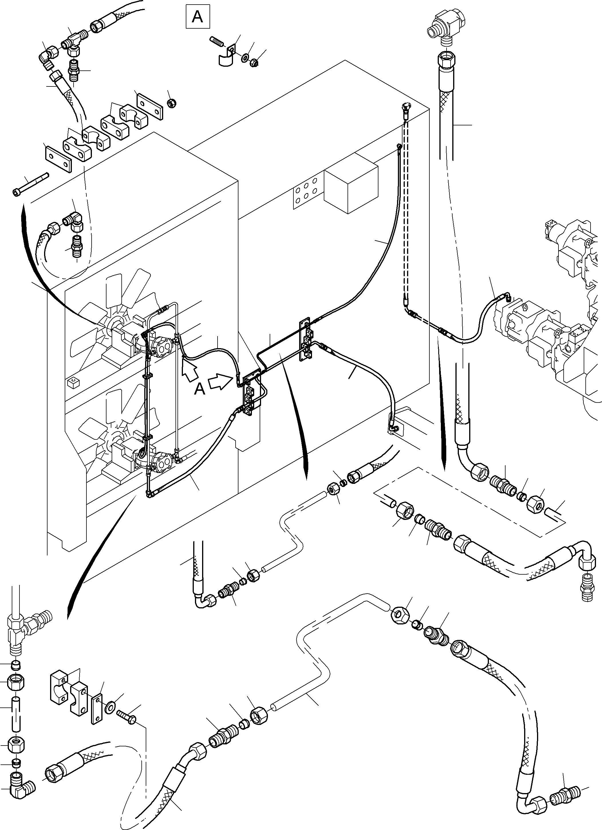 Komatsu parts book diagram for PC3000-6 S/N 46151: RETURN LINES - FAN MOTORS, FAN PUMP