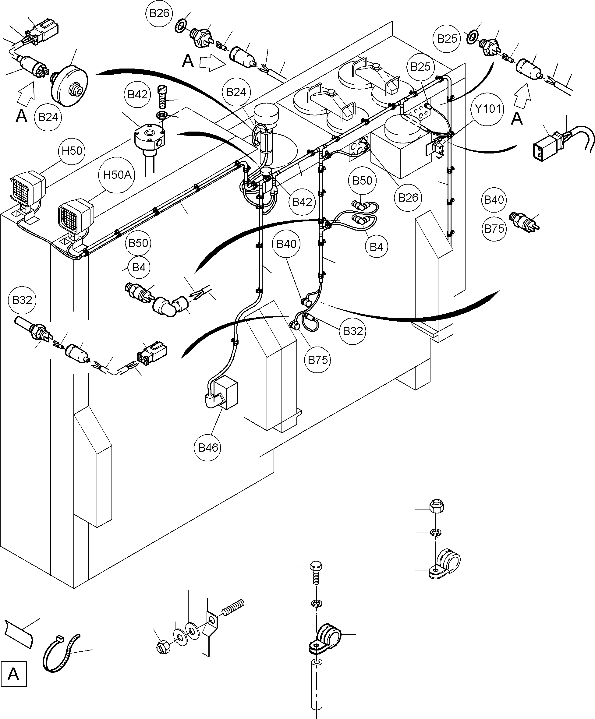 Komatsu parts book diagram for PC3000-6 S/N 46151: CABLES - OIL TANK AND SWITCH