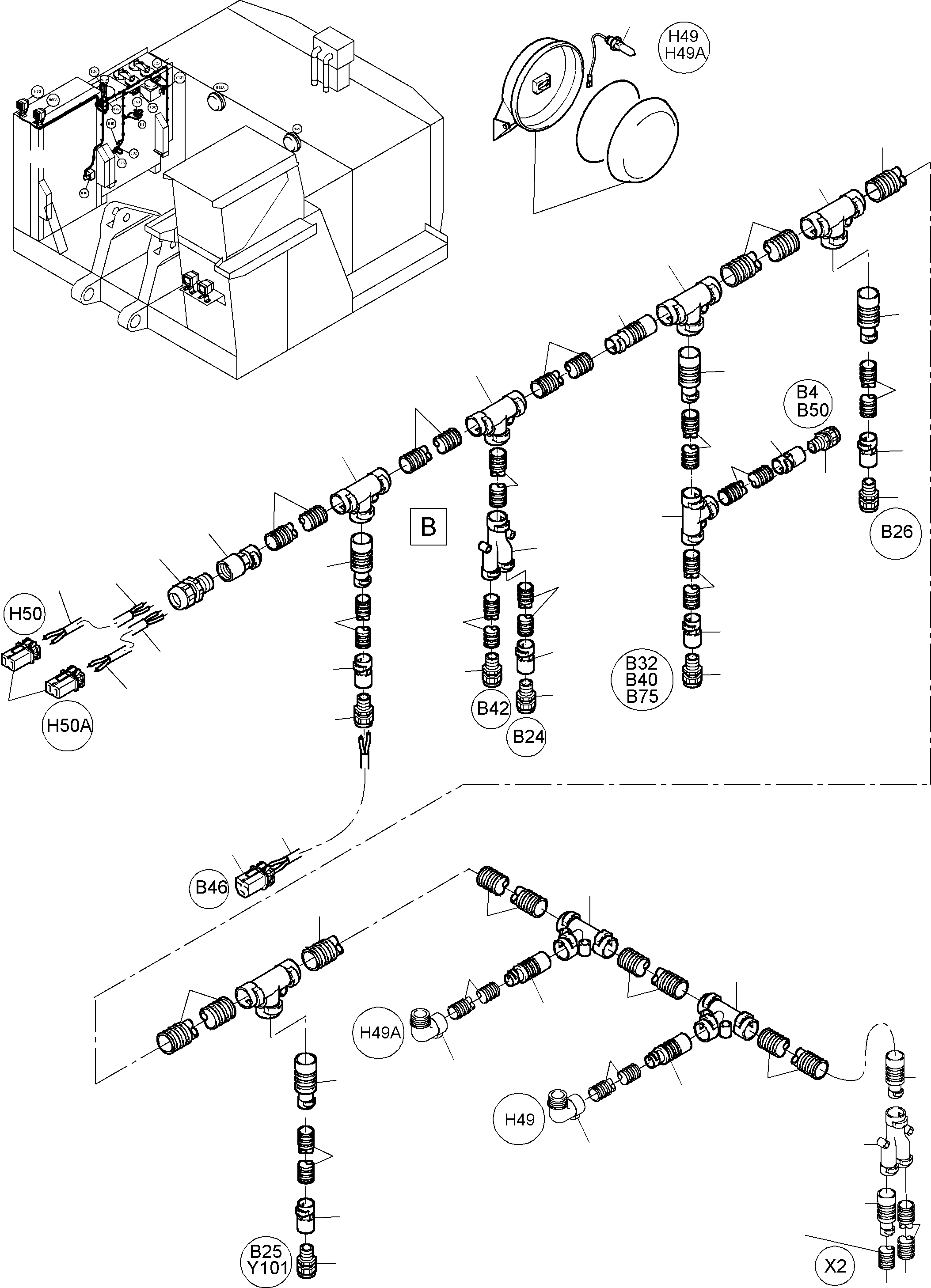 Komatsu parts book diagram for PC3000-6 S/N 46151: CABLES - OIL TANK AND SWITCH