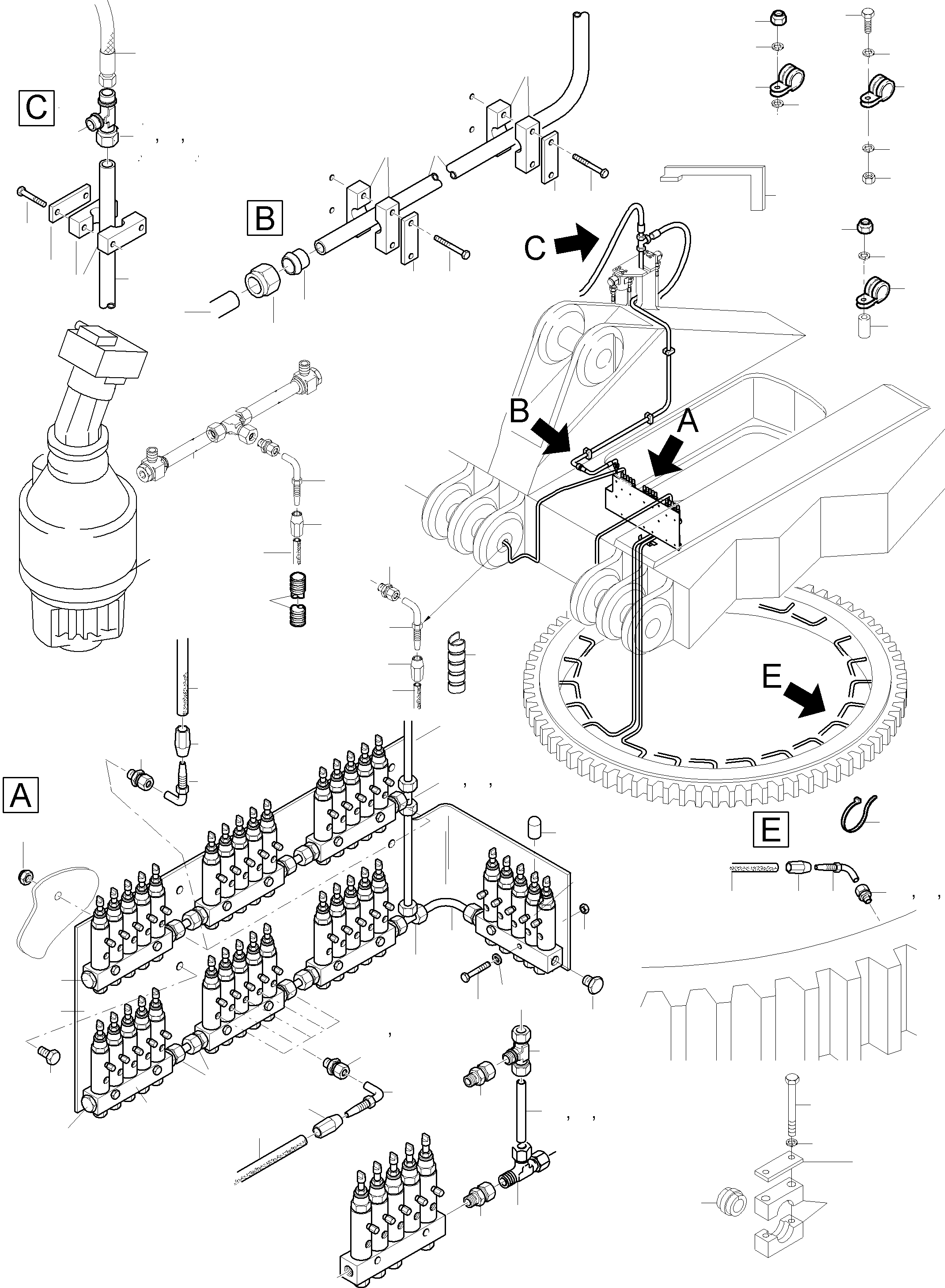 Komatsu parts book diagram for PC3000-6 S/N 46151: LUBE DISTRIBUTOR SWING RING
