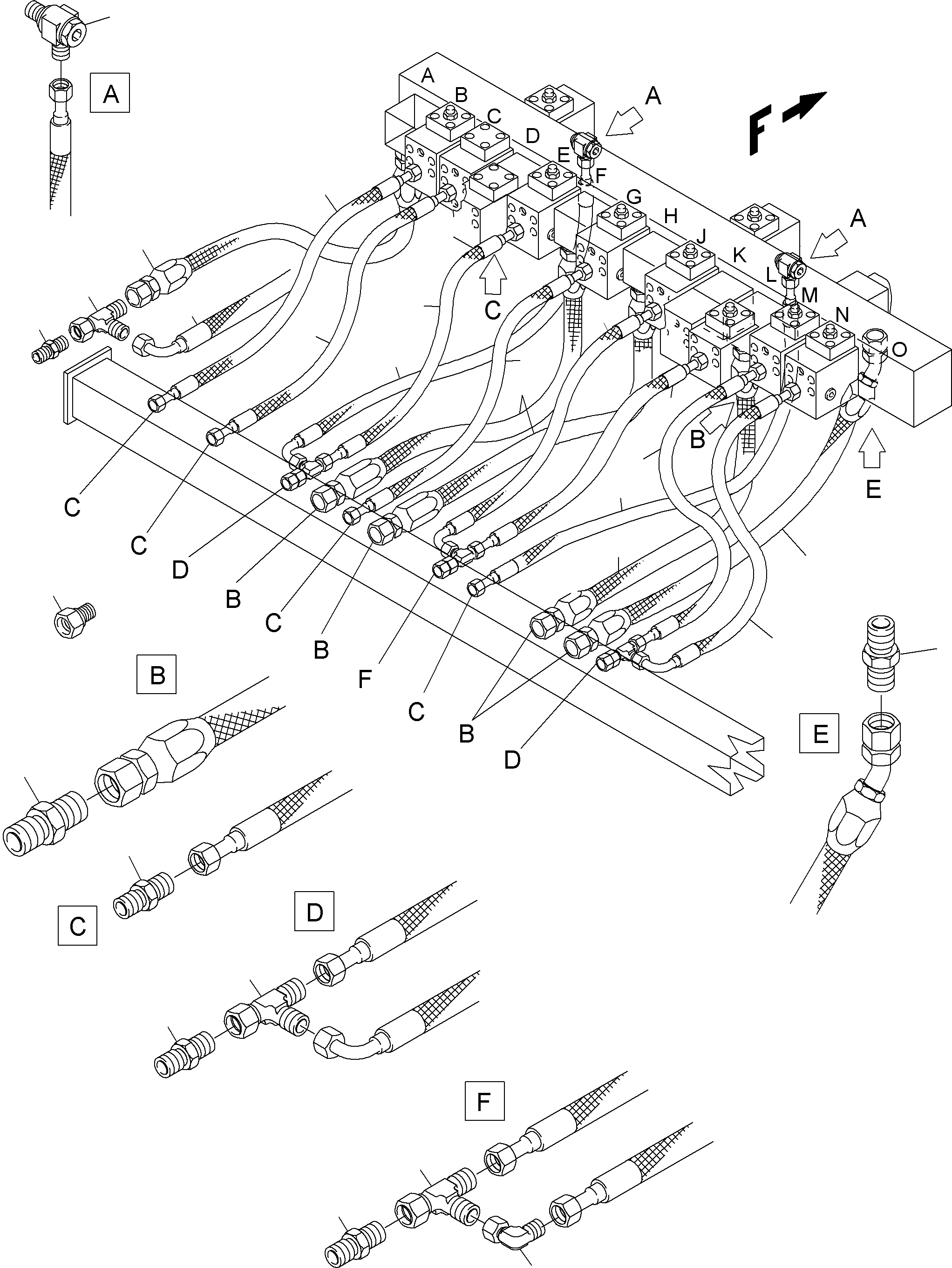 Komatsu parts book diagram for PC3000-6 S/N 46151: RETURN LINES - MANIFOLD (BE)