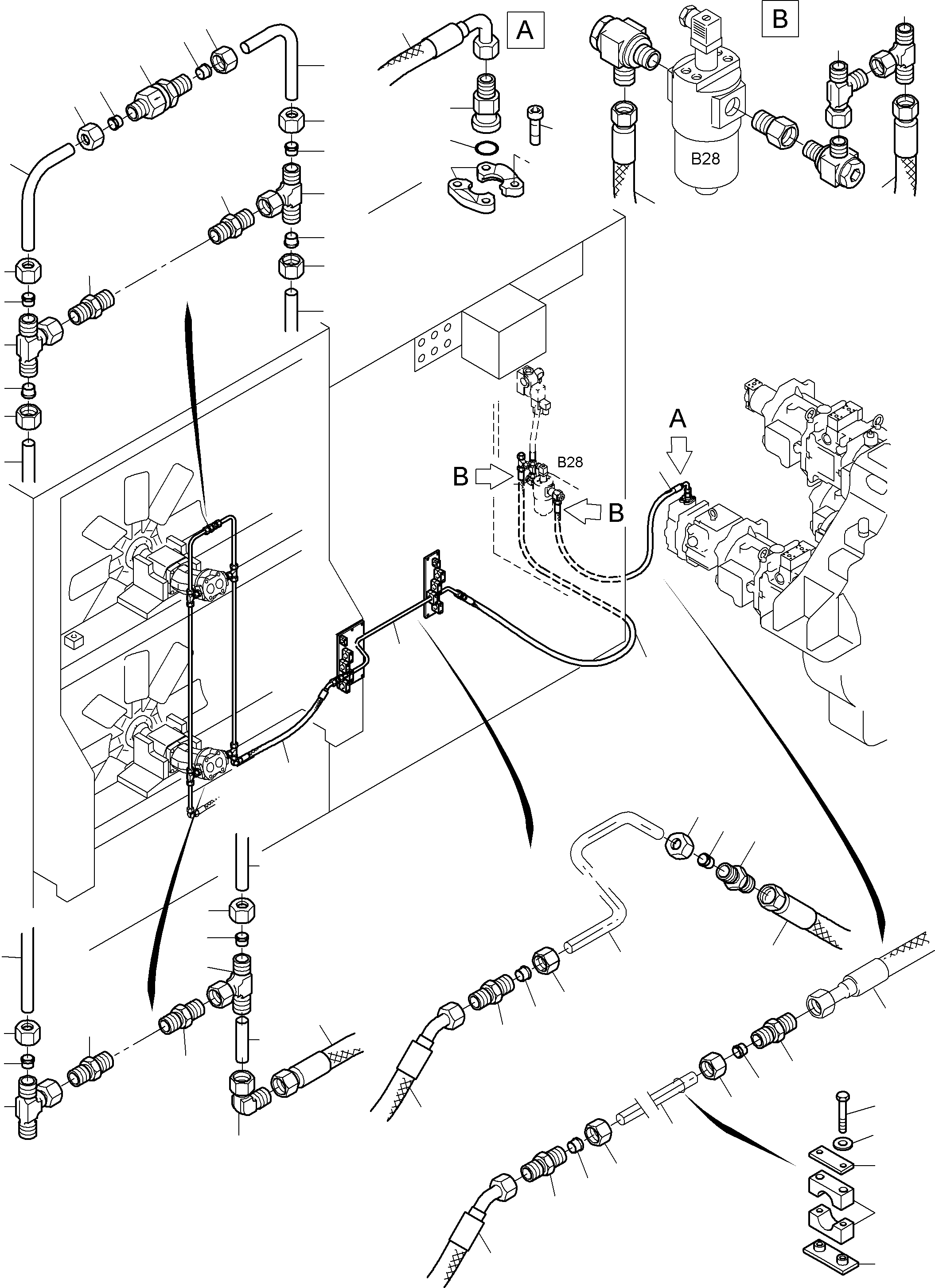 Komatsu parts book diagram for PC3000-6 S/N 46165: PRESSURE LINES - FAN MOTORS, FAN PUMP