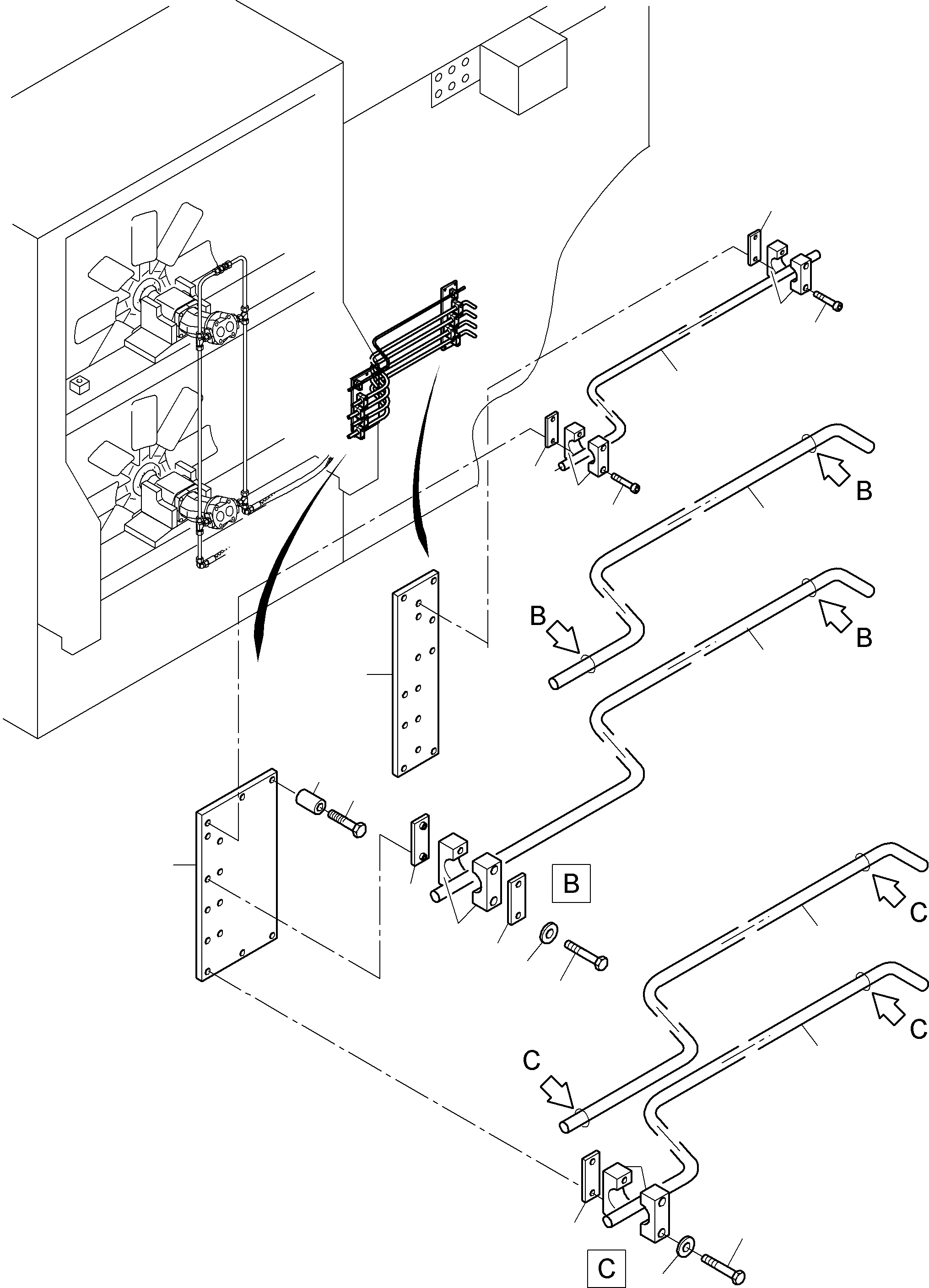 Komatsu parts book diagram for PC3000-6 S/N 46165: PRESSURE LINES - FAN MOTORS, FAN PUMP