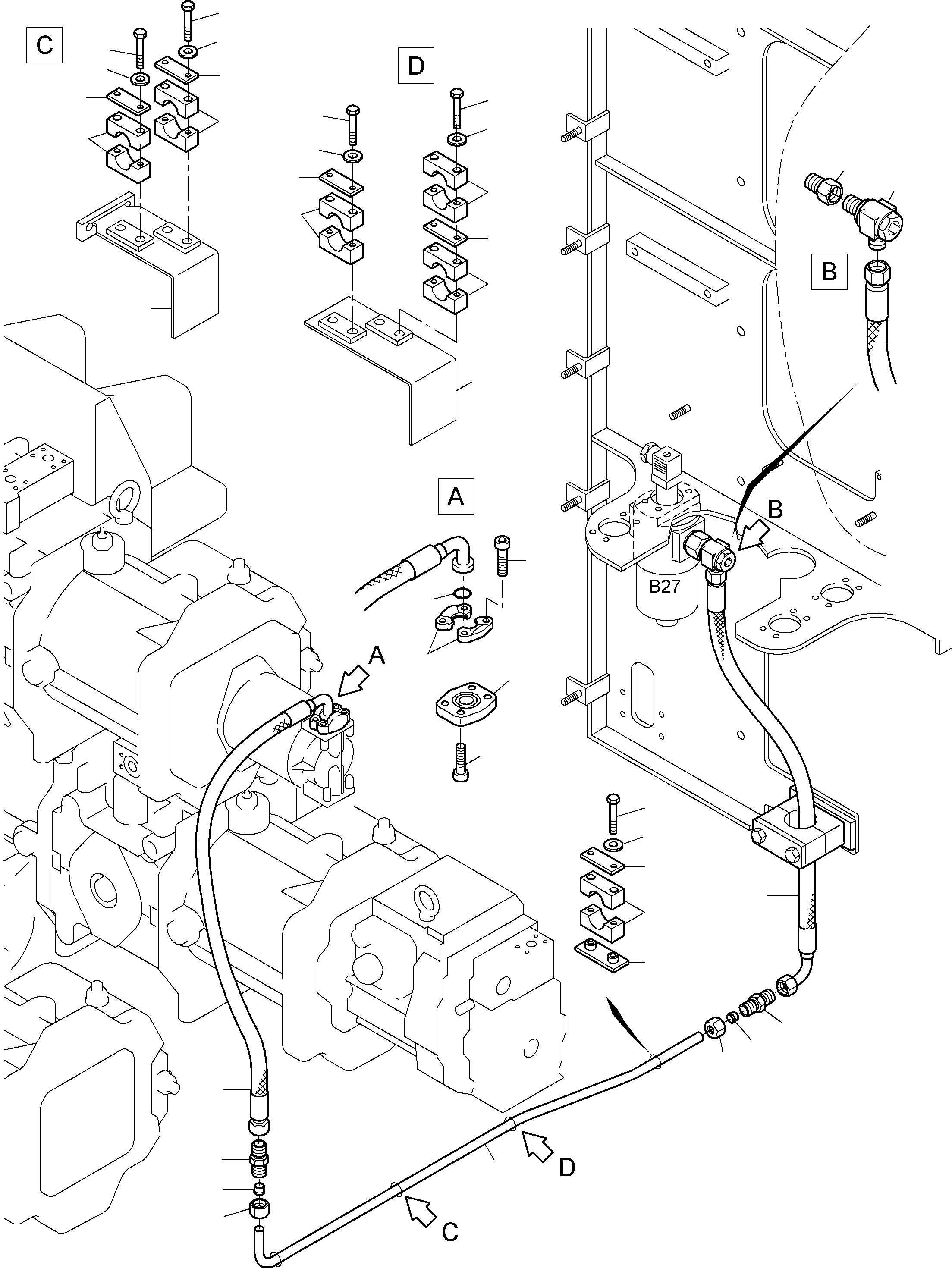 Komatsu parts book diagram for PC3000-6 S/N 46165: PRESSURE LINES (P) -TRANSMISSION OIL PUMP
