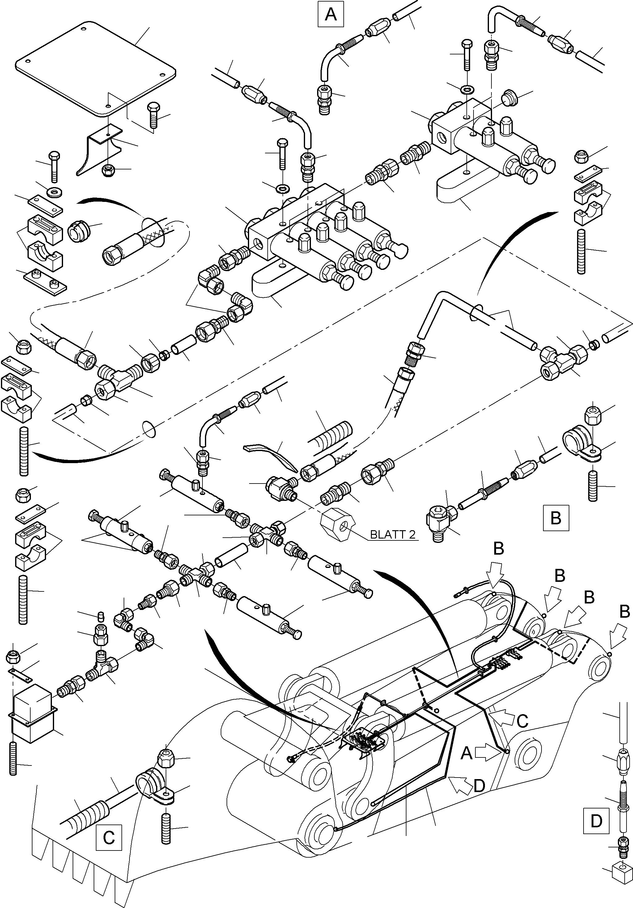 Komatsu parts book diagram for PC3000-6 S/N 46165: STICK - LUBRICATION 4,0 M