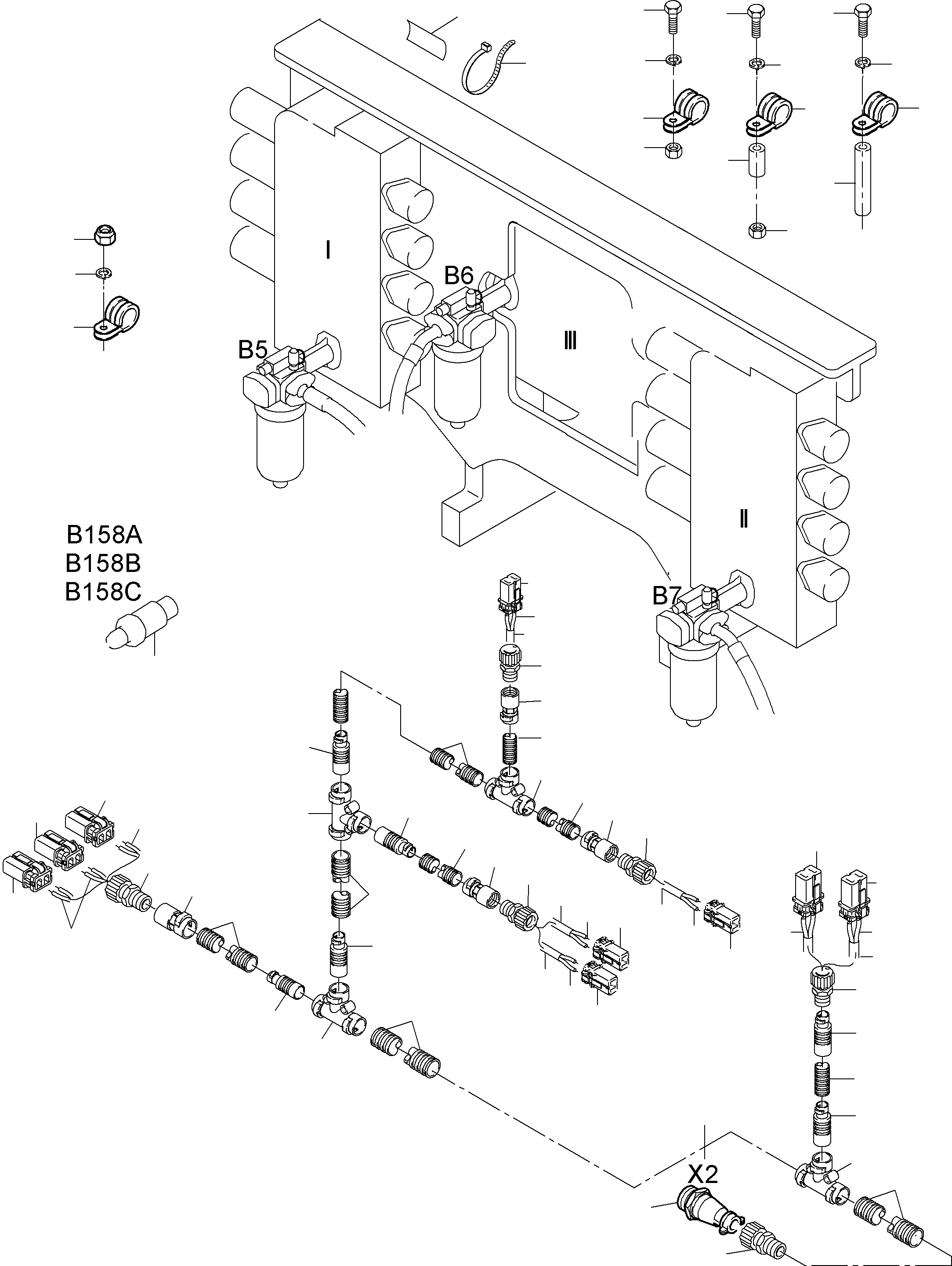 Komatsu parts book diagram for PC3000-6 S/N 46174: CABLES - SUPPORT, CONTROL UNIT - H.P. FILTER
