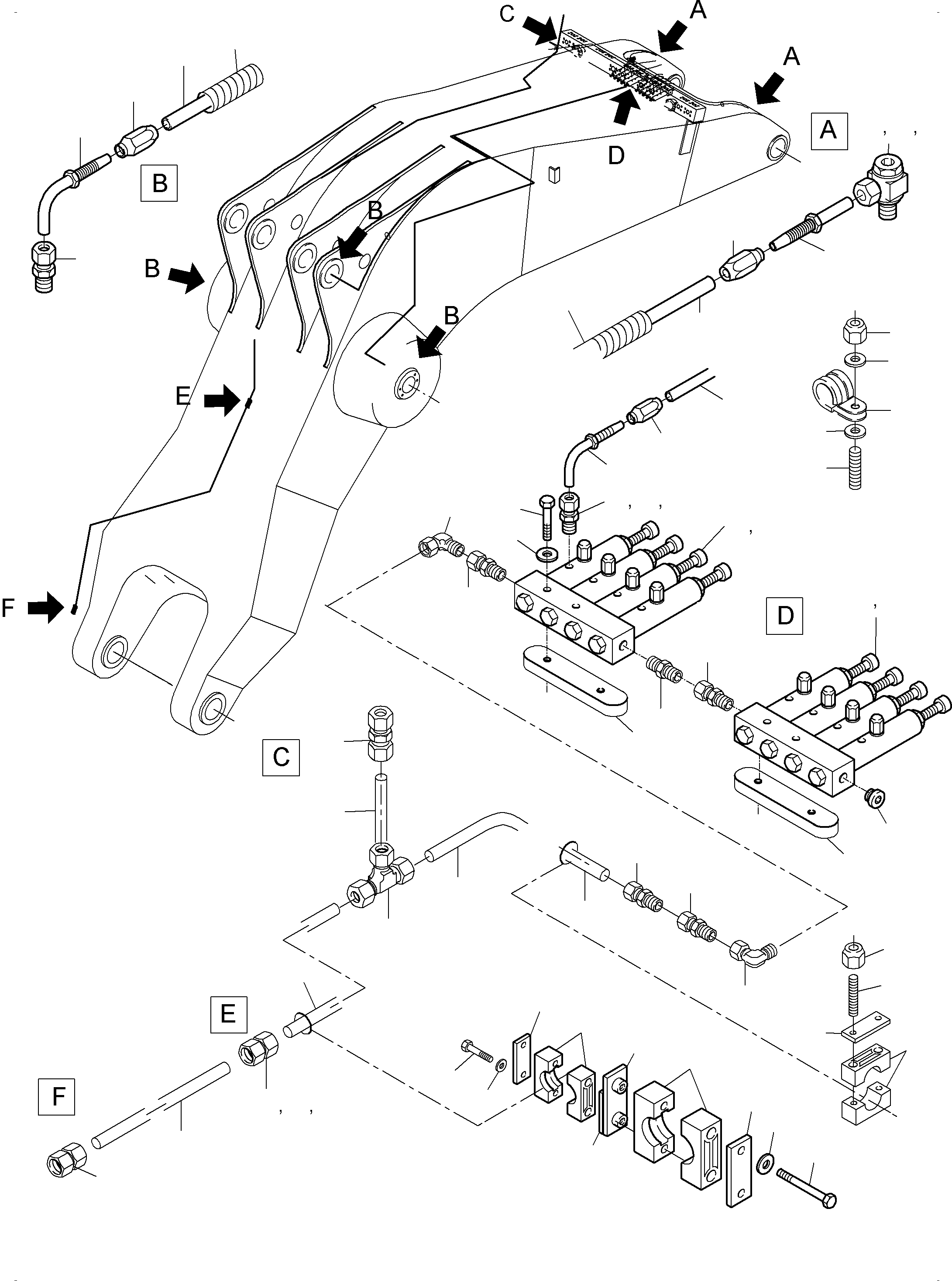 Komatsu parts book diagram for PC3000-6 S/N 46235: BOOM - CENTRAL LUBRICATION BH - 8.6 M