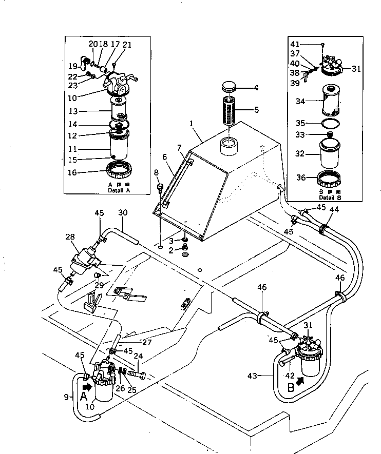 Komatsu parts book diagram for HD20-1 S/N 00001-UP: FUEL TANK AND PIPING